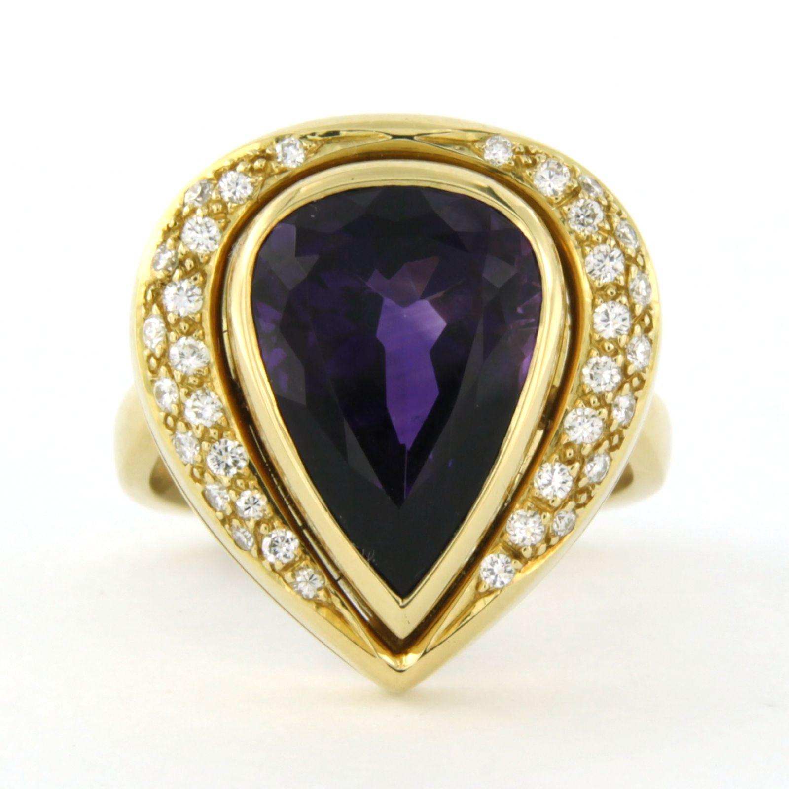 18k yellow gold ring set with amethyst and brilliant cut diamond. 0.50ct - F/G - VS/SI - ring size U.S. 7.25 – EU. 17.5(55)

detailed description:

The top of the ring is in an oval shape measuring 1.5 cm by 1.4 cm wide by 7.8 mm high

Ring size US