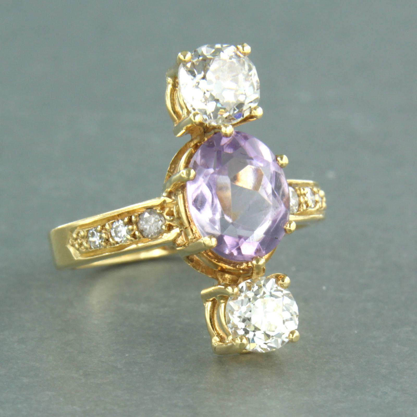 Old Mine Cut Ring with amethyst and diamonds 18k yellow gold For Sale