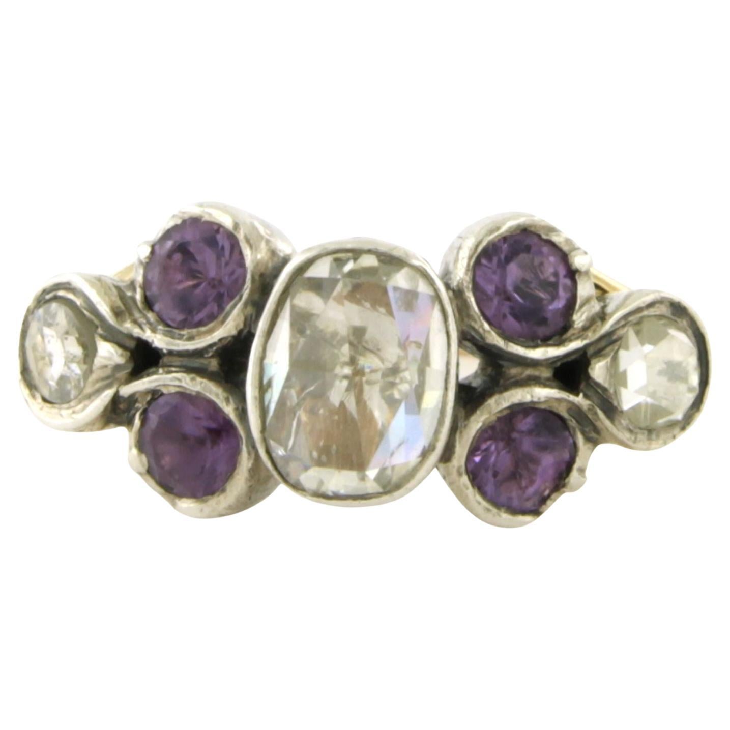 Bague avec améthyste et diamants taille rose jusqu'à 1,00ct or 14k et argent