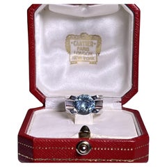 Antique Ring with Aquamarine in 18 Karat White Gold by Cartier 