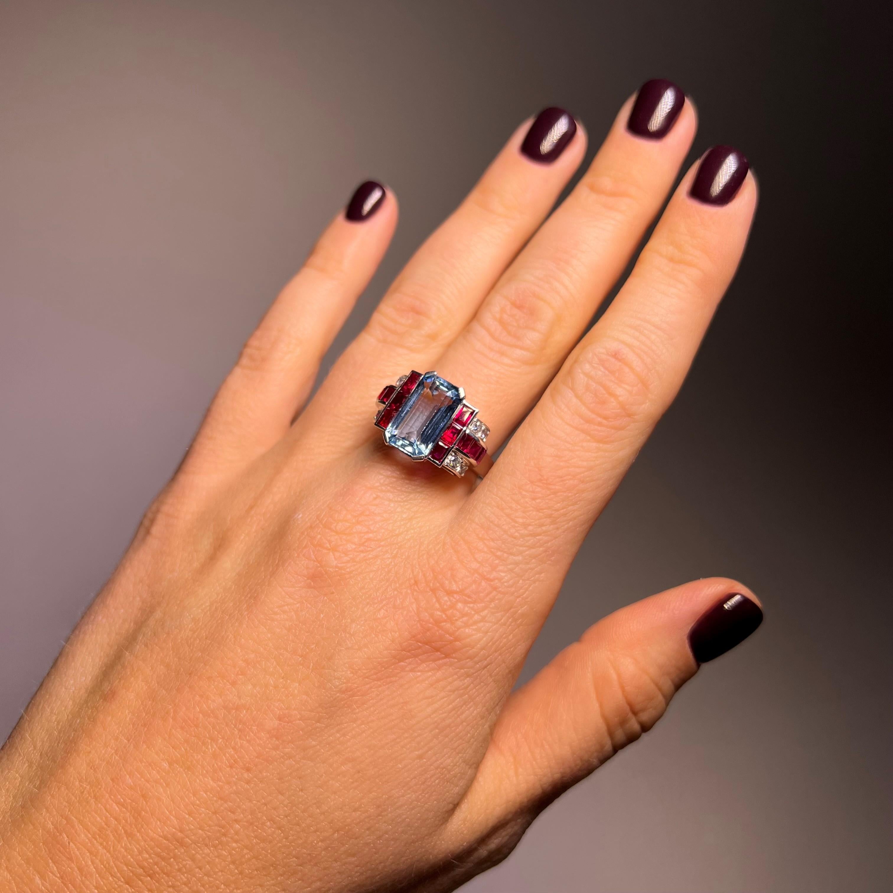 Ring with Aquamarine, Rubies & Diamonds in 18 Karat White Gold by Gübelin 6