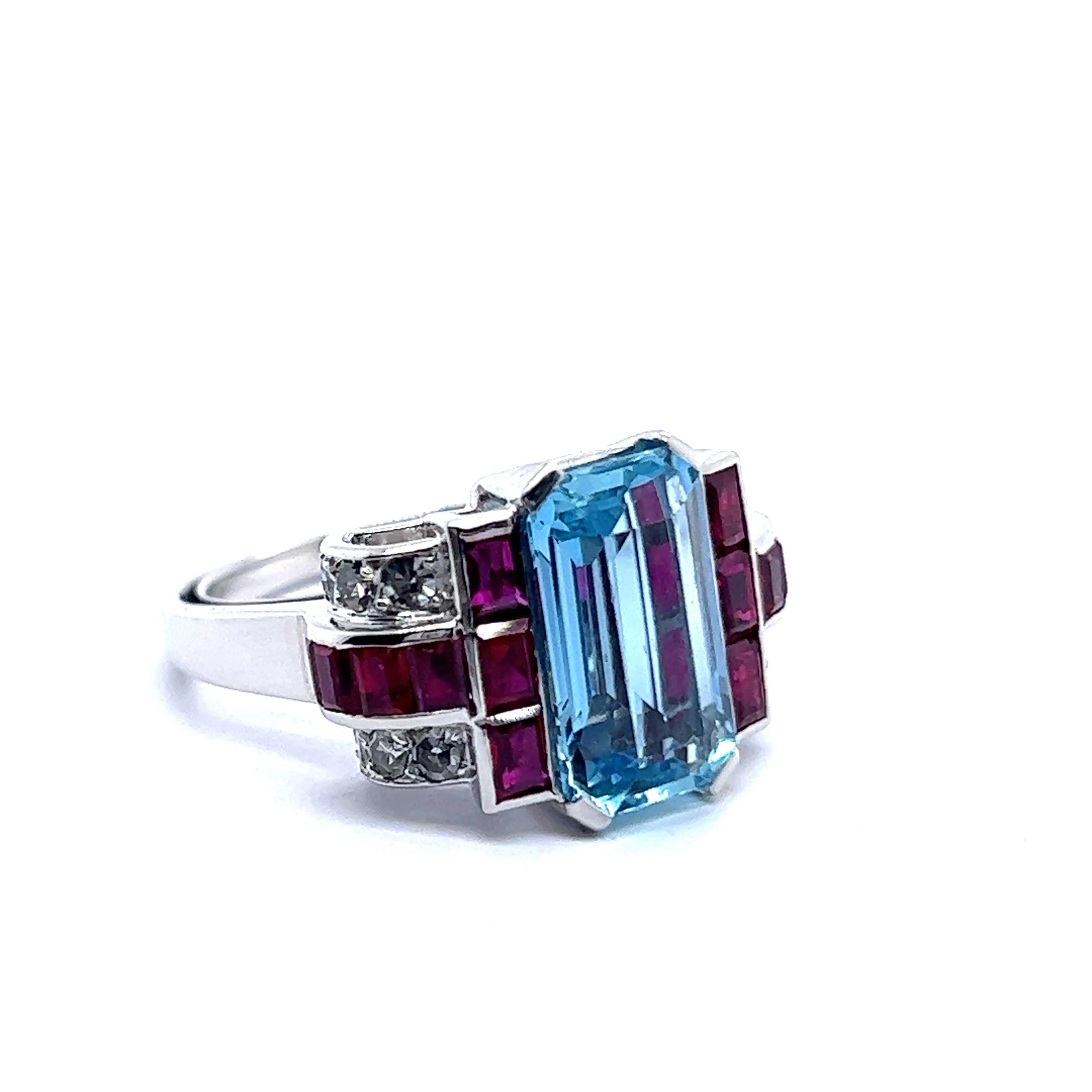 Emerald Cut Ring with Aquamarine, Rubies & Diamonds in 18 Karat White Gold by Gübelin
