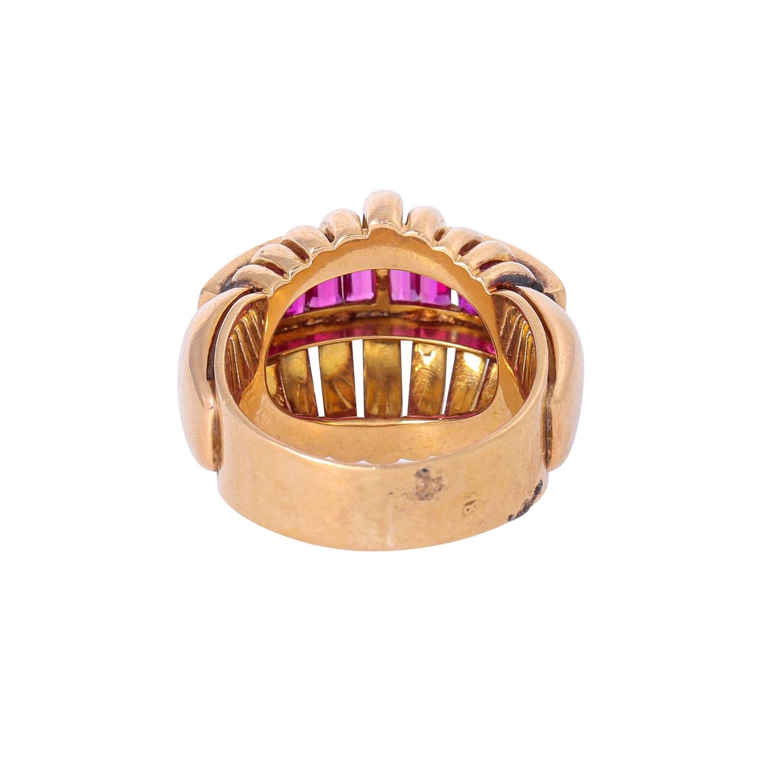 Baguette Cut Ring with Baguette-Cut Synthetic Rubies For Sale