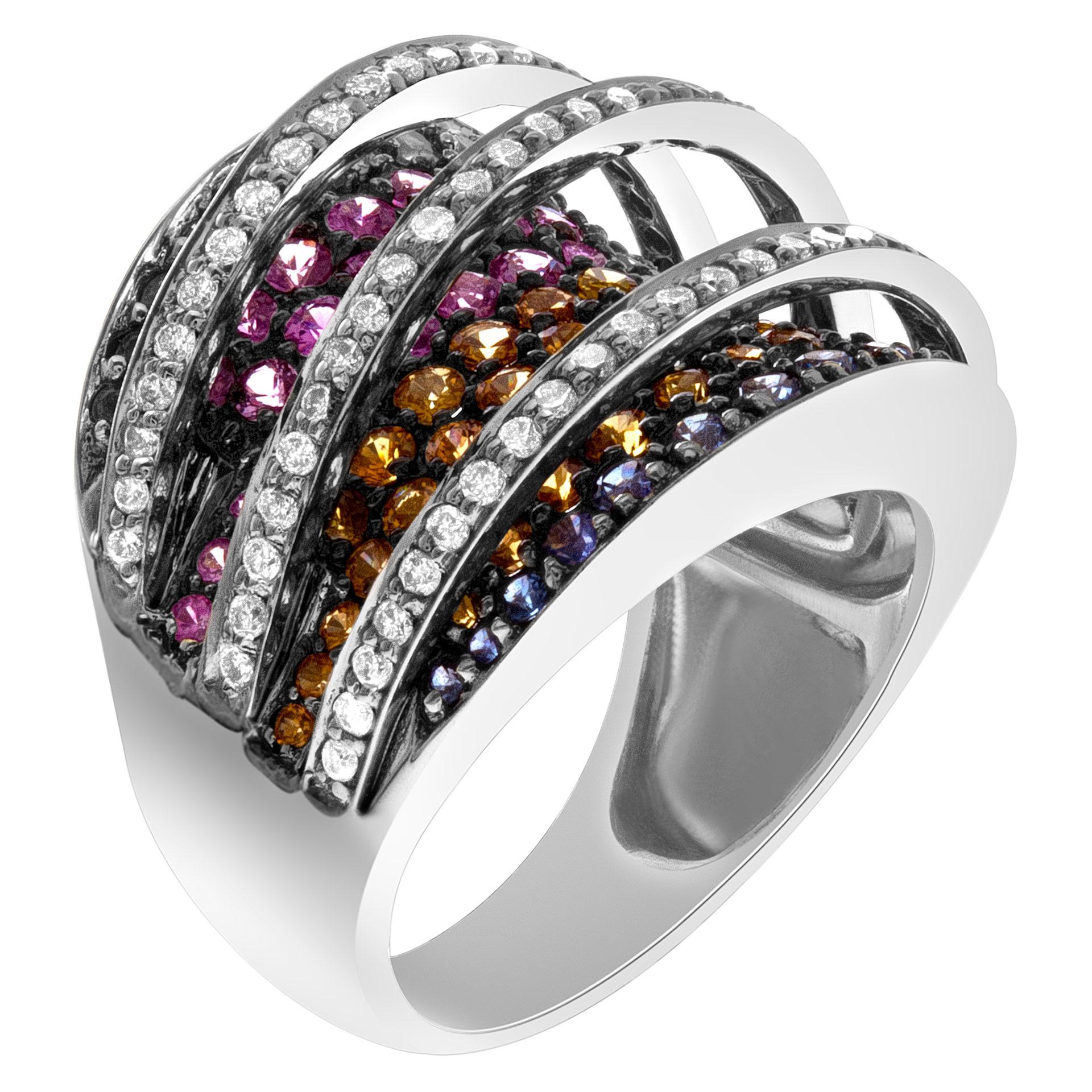Gorgeous contemporary band of multicolor sapphires & diamonds set 18k white gold. Size 4.  This Diamond/Sapphires ring is currently size 4 and some items can be sized up or down, please ask! It weighs 7.6 pennyweights and is 18k White Gold.
