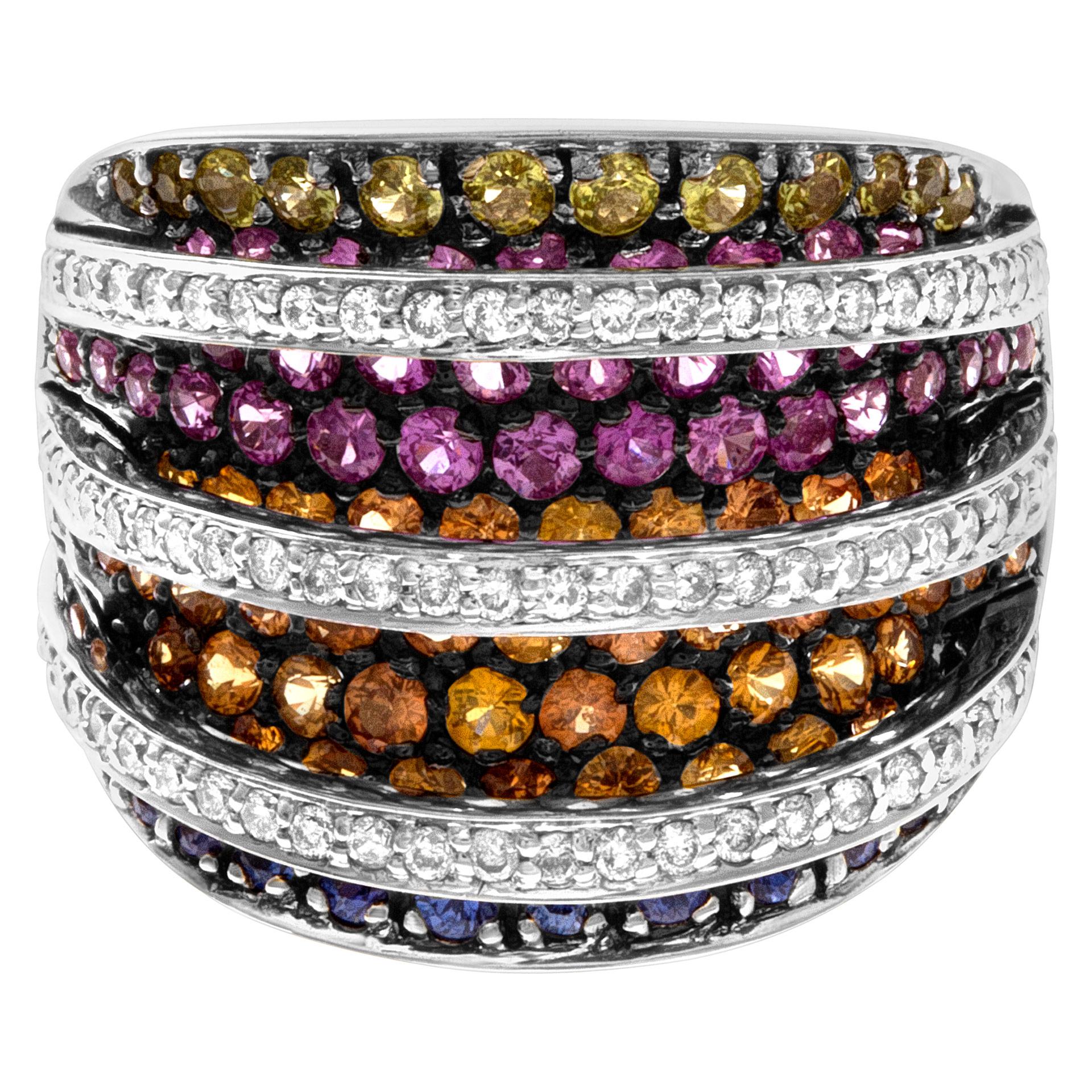 Women's Ring with Band of Multicolor Sapphires and Diamonds in 18k White Gold For Sale