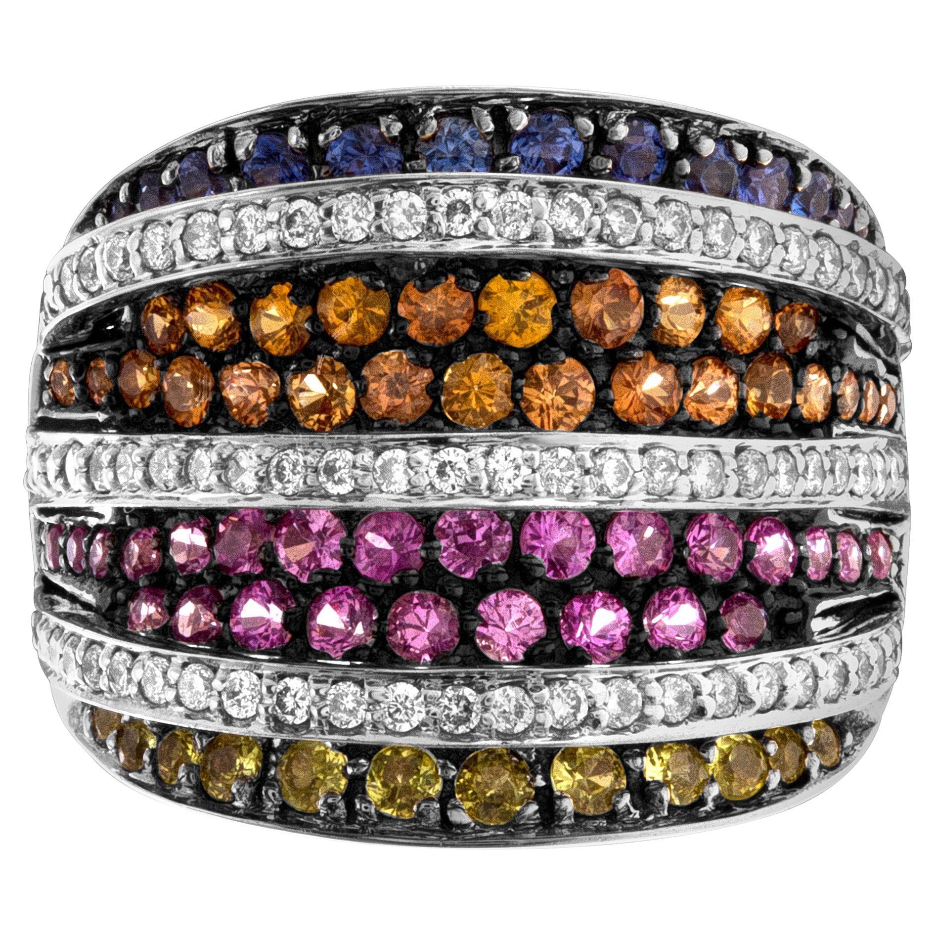 Ring with Band of Multicolor Sapphires and Diamonds in 18k White Gold For Sale