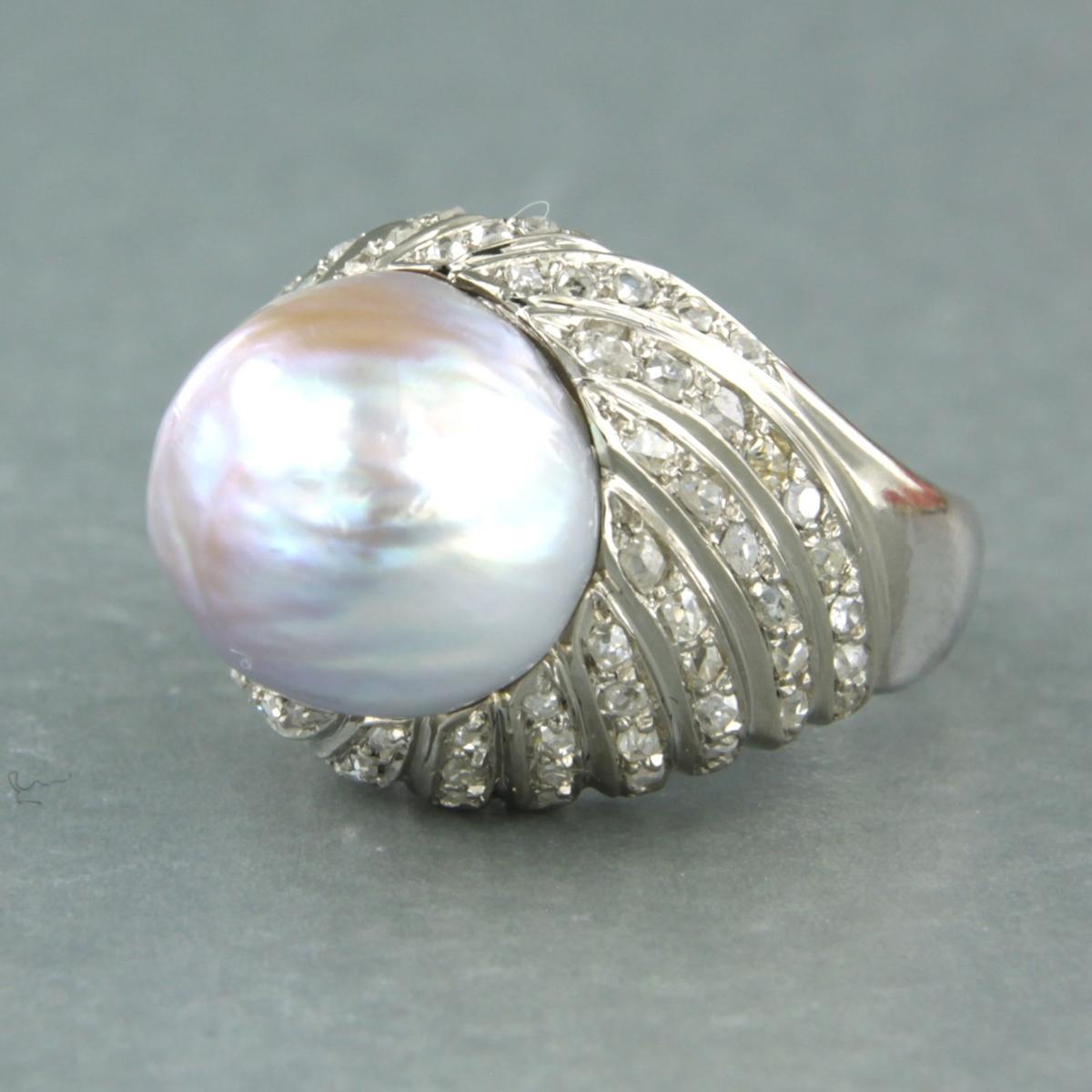 Old Mine Cut Ring with barok pearl  and diamonds 18k white gold For Sale