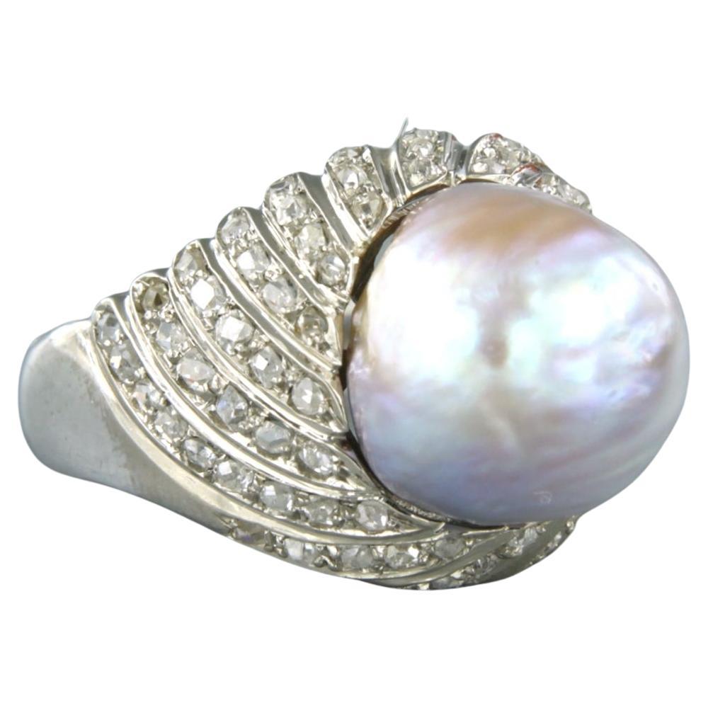 Ring with barok pearl  and diamonds 18k white gold For Sale