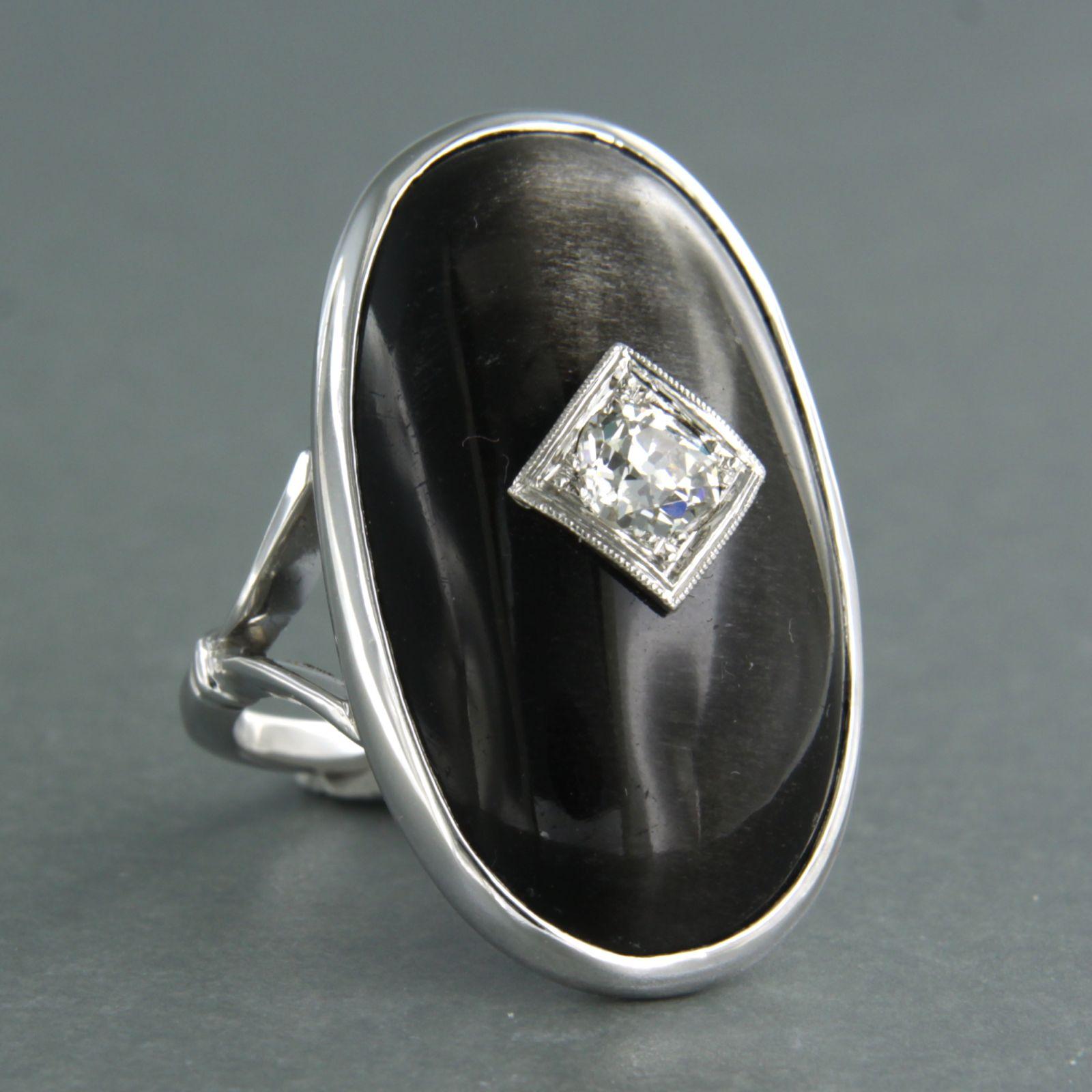 Art Nouveau Ring with black star sapphire with old mine cut diamond up to 0.50ct 14k gold in vendita