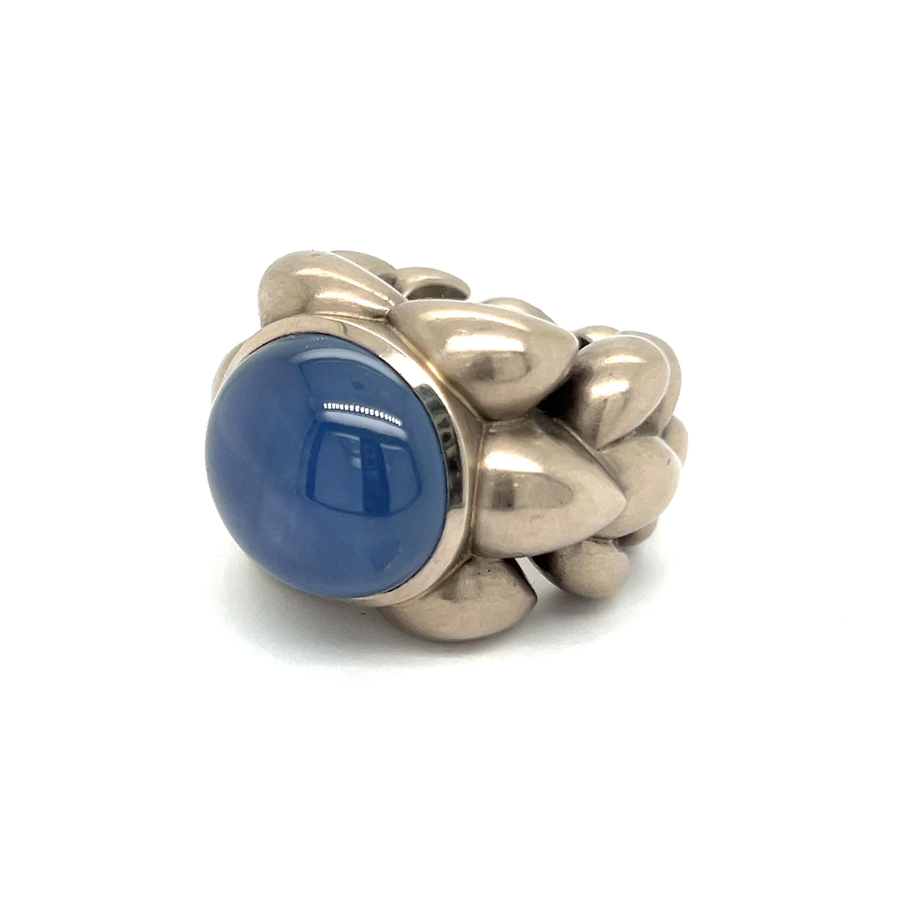 Women's or Men's Ring with Blue Star Sapphire in 18 Karat White Gold by Christophe Graber