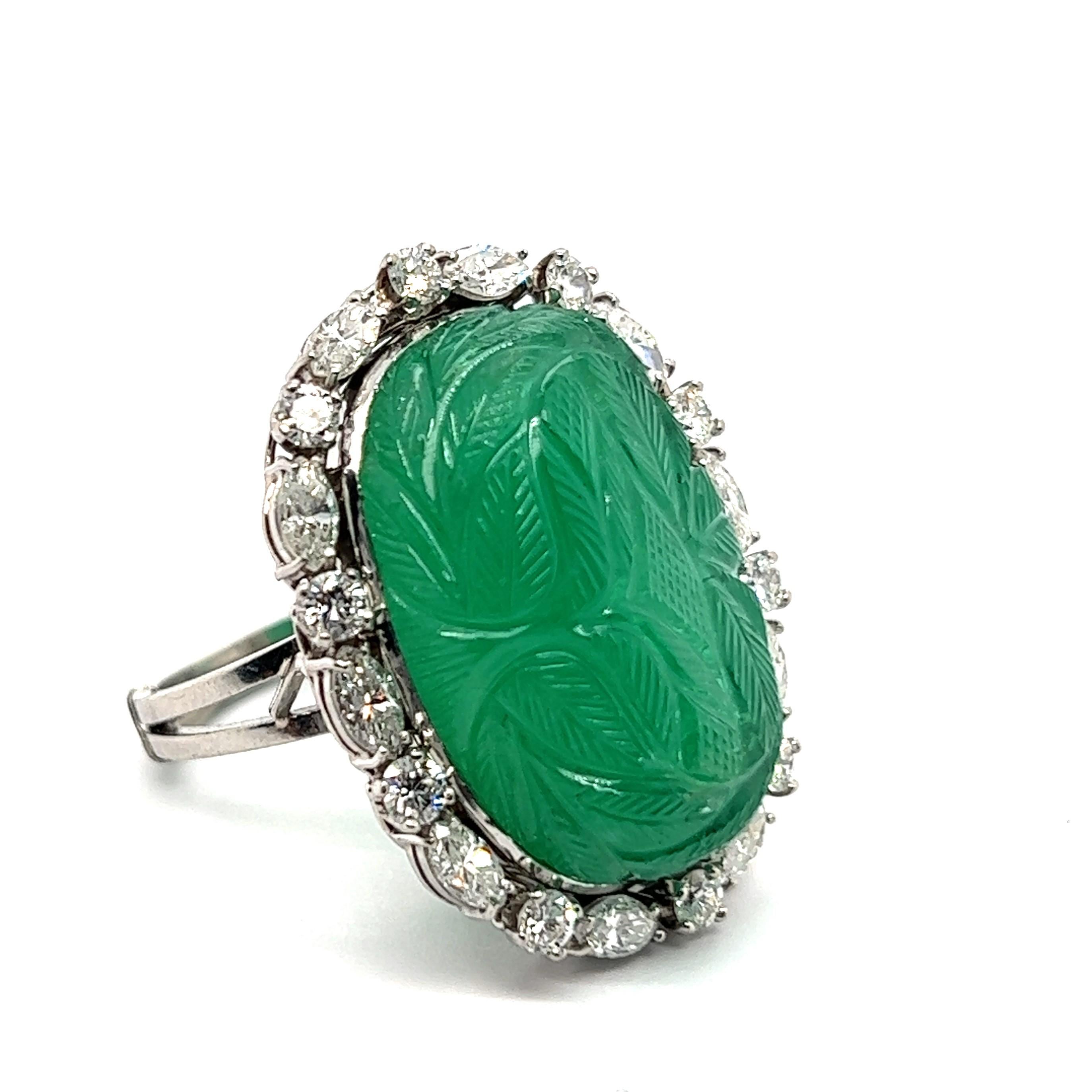 Ring with Carved Emerald and Diamonds in 950 Platinum For Sale 4