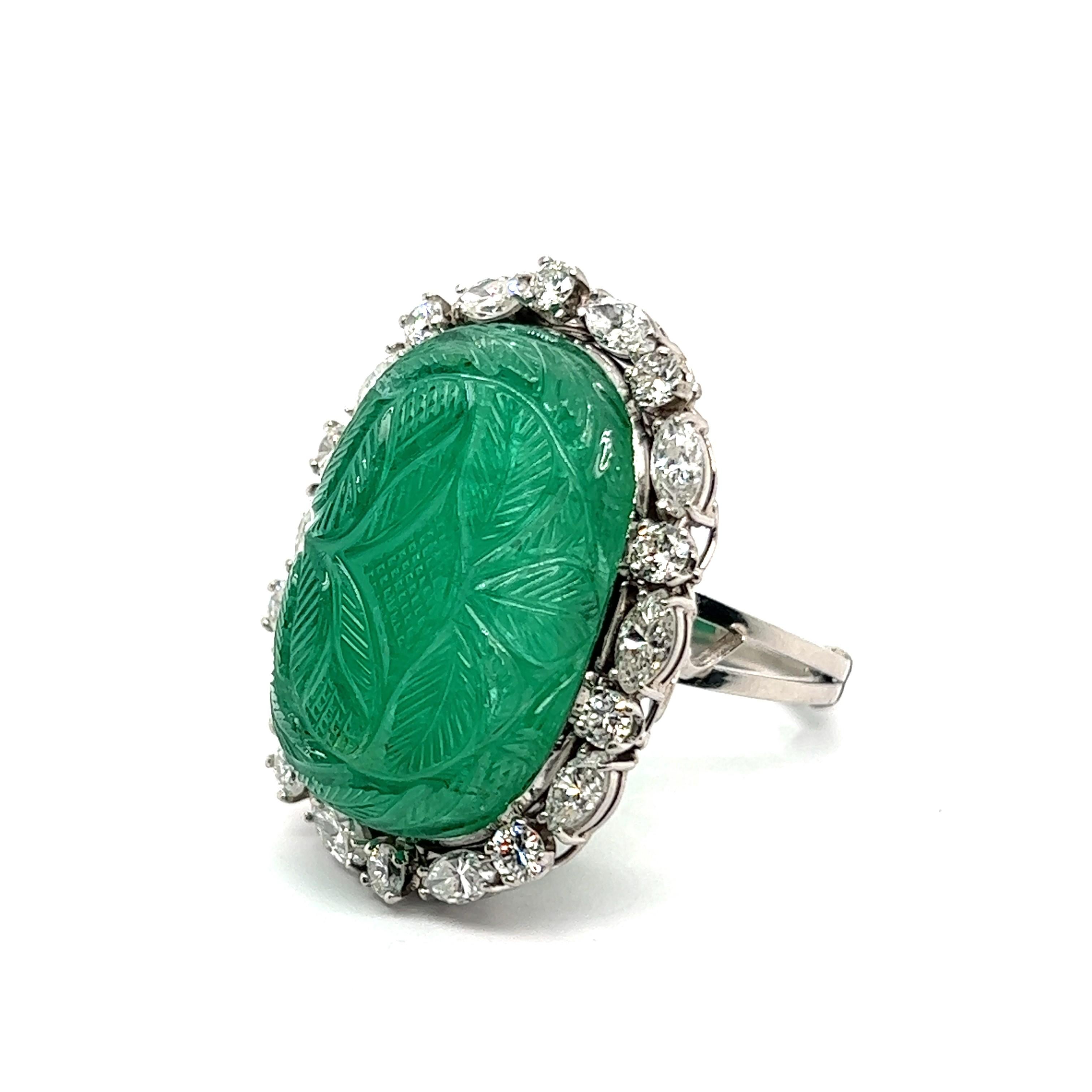 Ring with Carved Emerald and Diamonds in 950 Platinum For Sale 5
