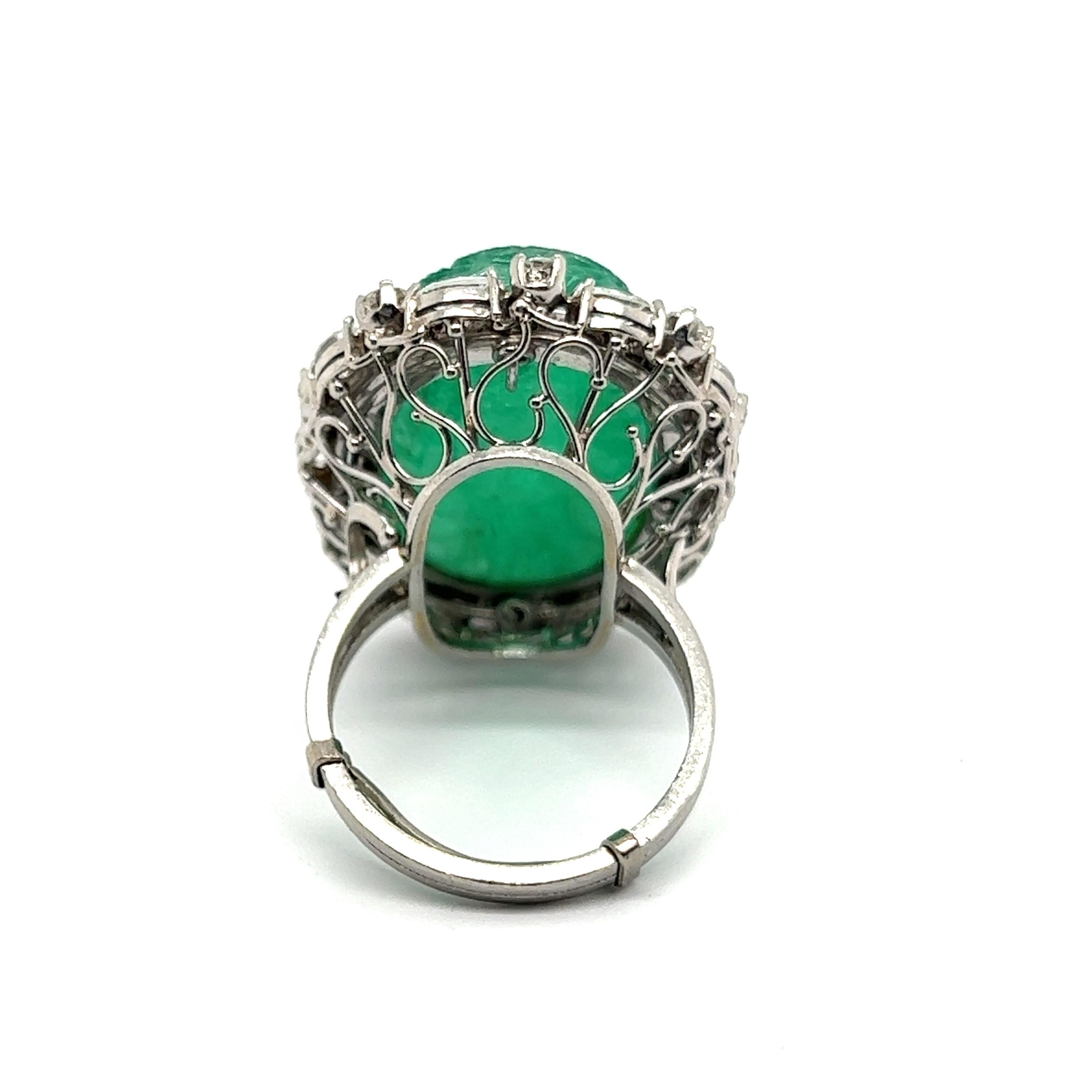 Ring with Carved Emerald and Diamonds in 950 Platinum For Sale 6