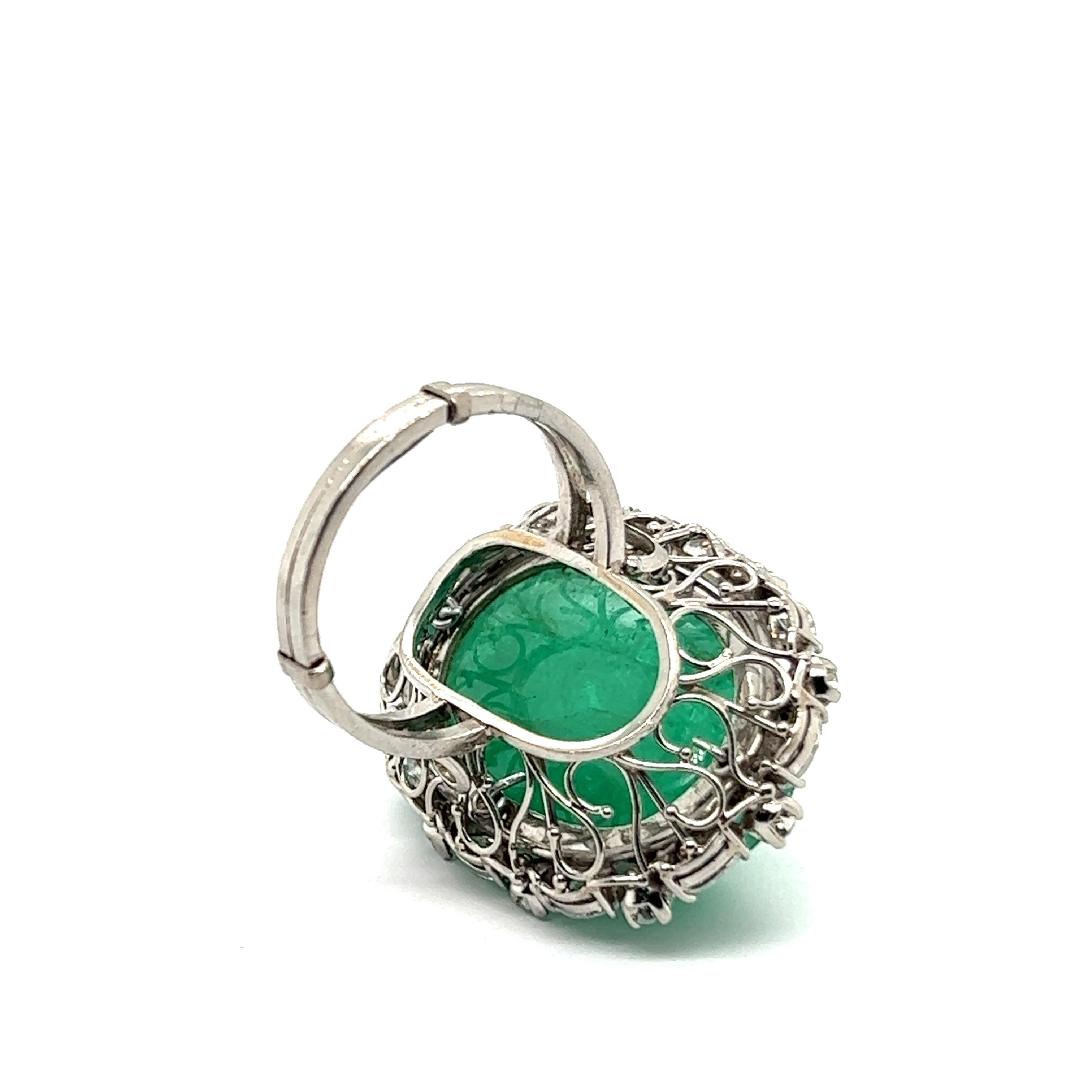Ring with Carved Emerald and Diamonds in 950 Platinum For Sale 7