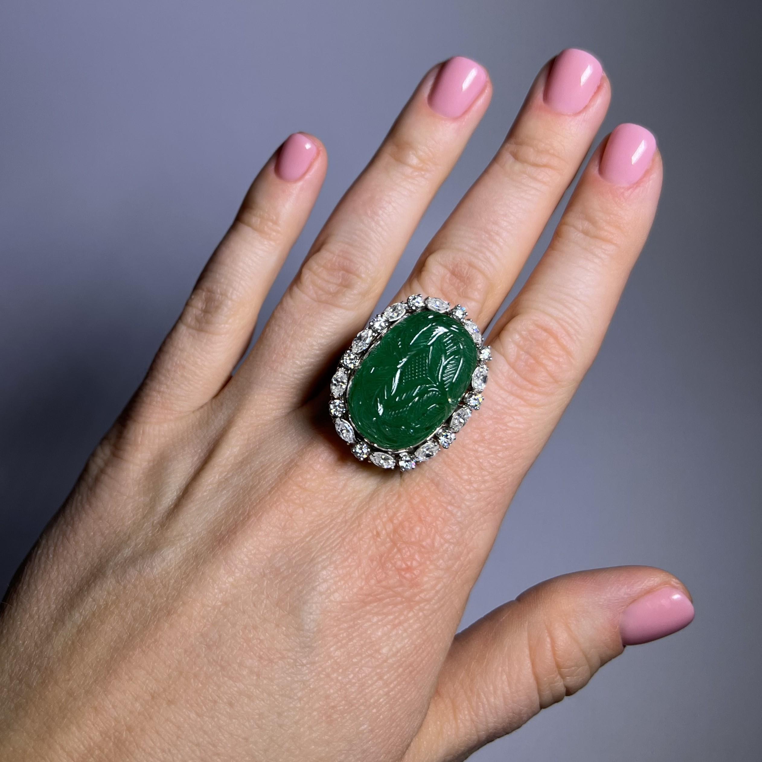 Artist Ring with Carved Emerald and Diamonds in 950 Platinum For Sale