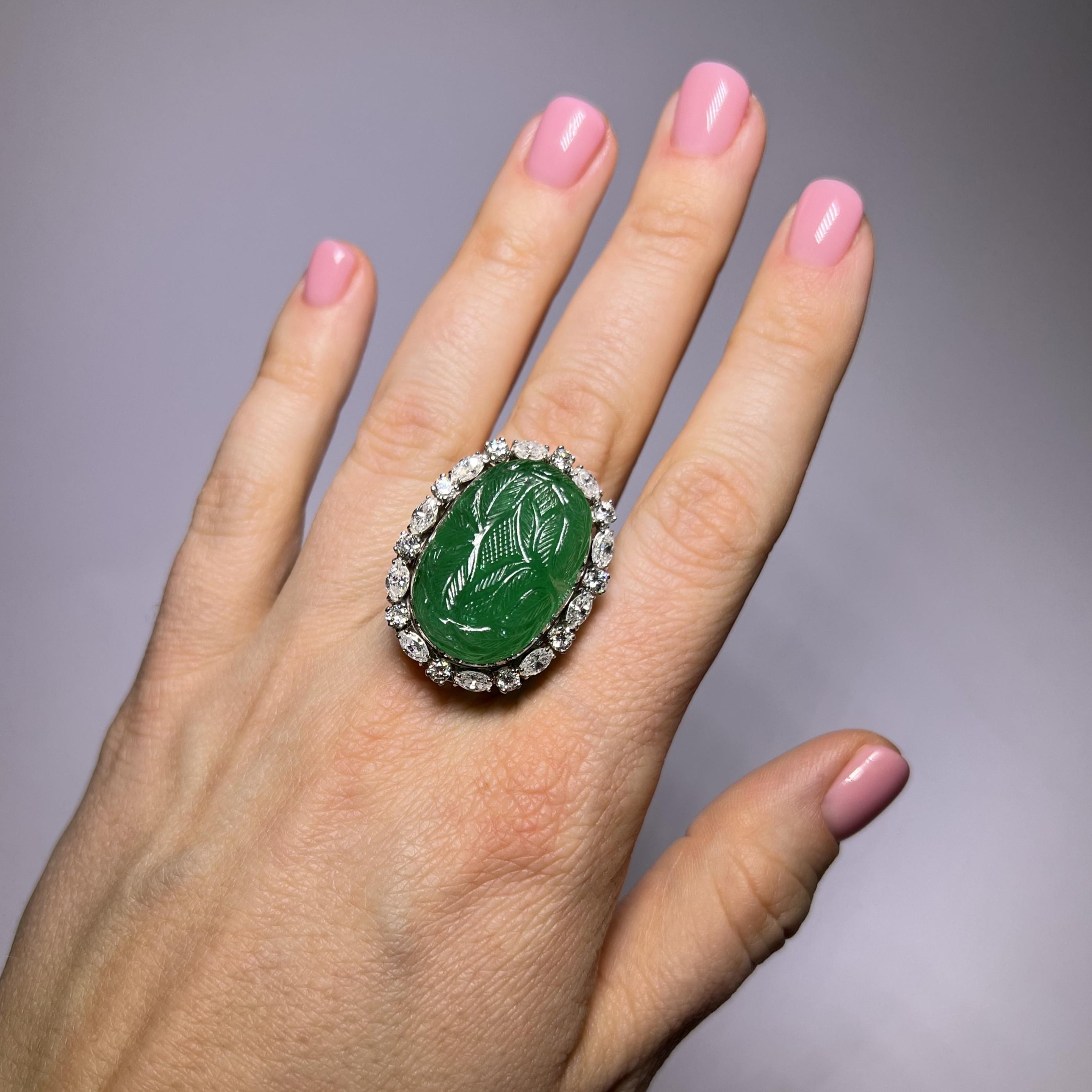 Mixed Cut Ring with Carved Emerald and Diamonds in 950 Platinum For Sale