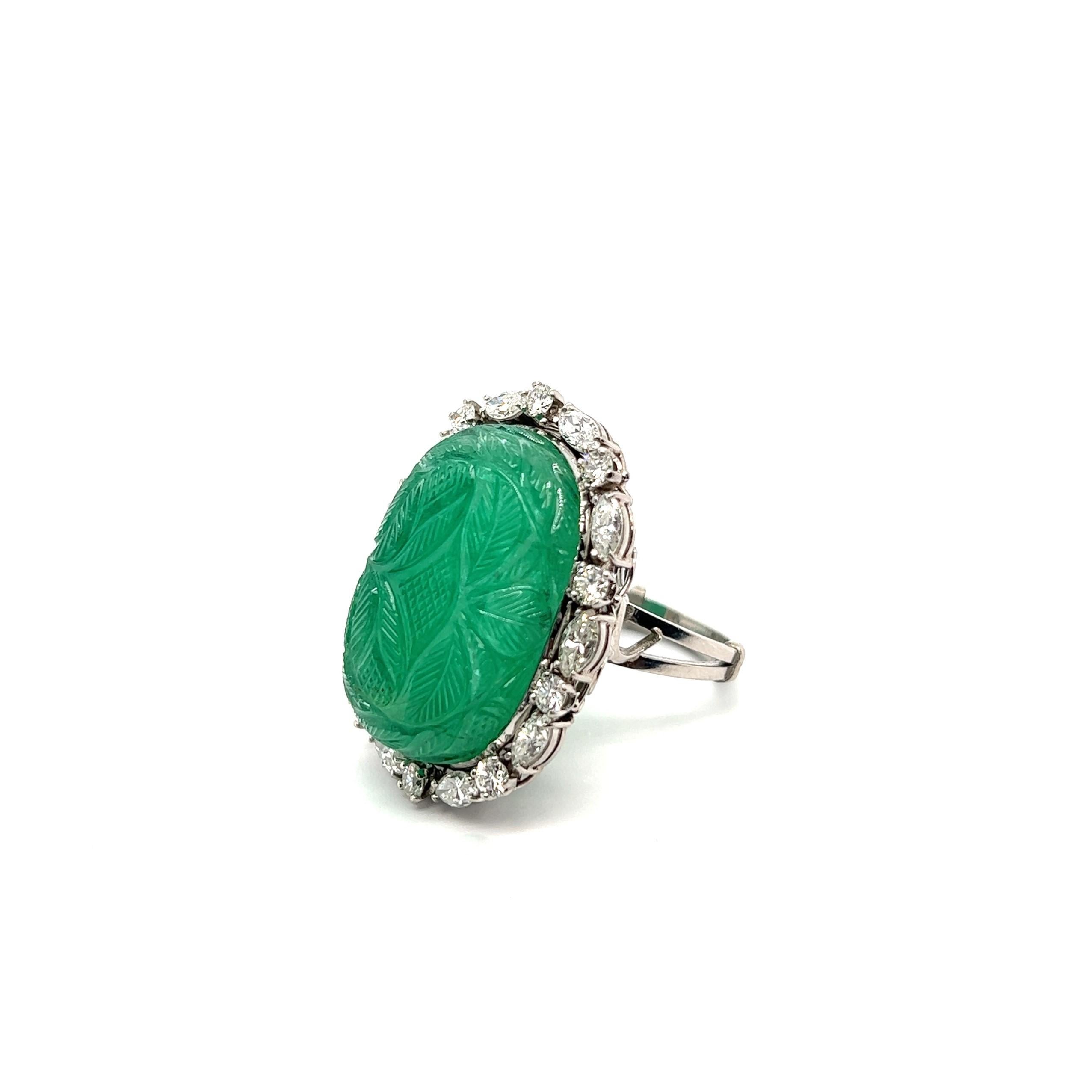 Women's or Men's Ring with Carved Emerald and Diamonds in 950 Platinum For Sale