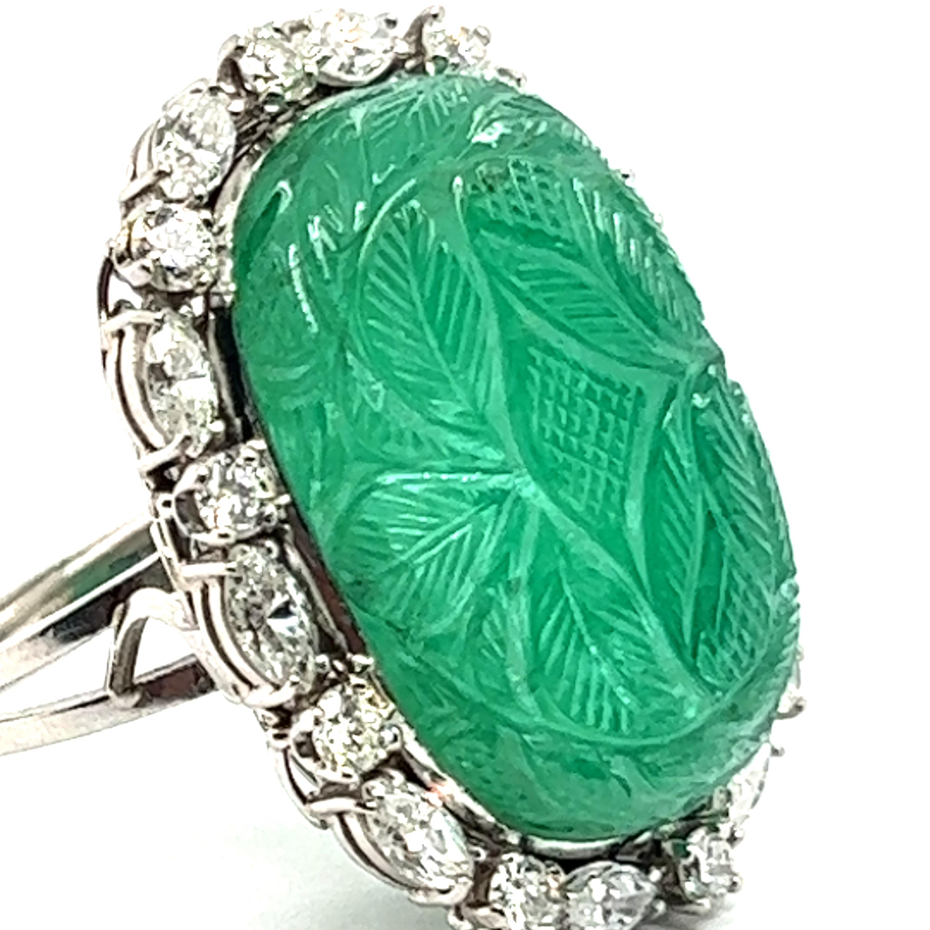 Ring with Carved Emerald and Diamonds in 950 Platinum For Sale 2