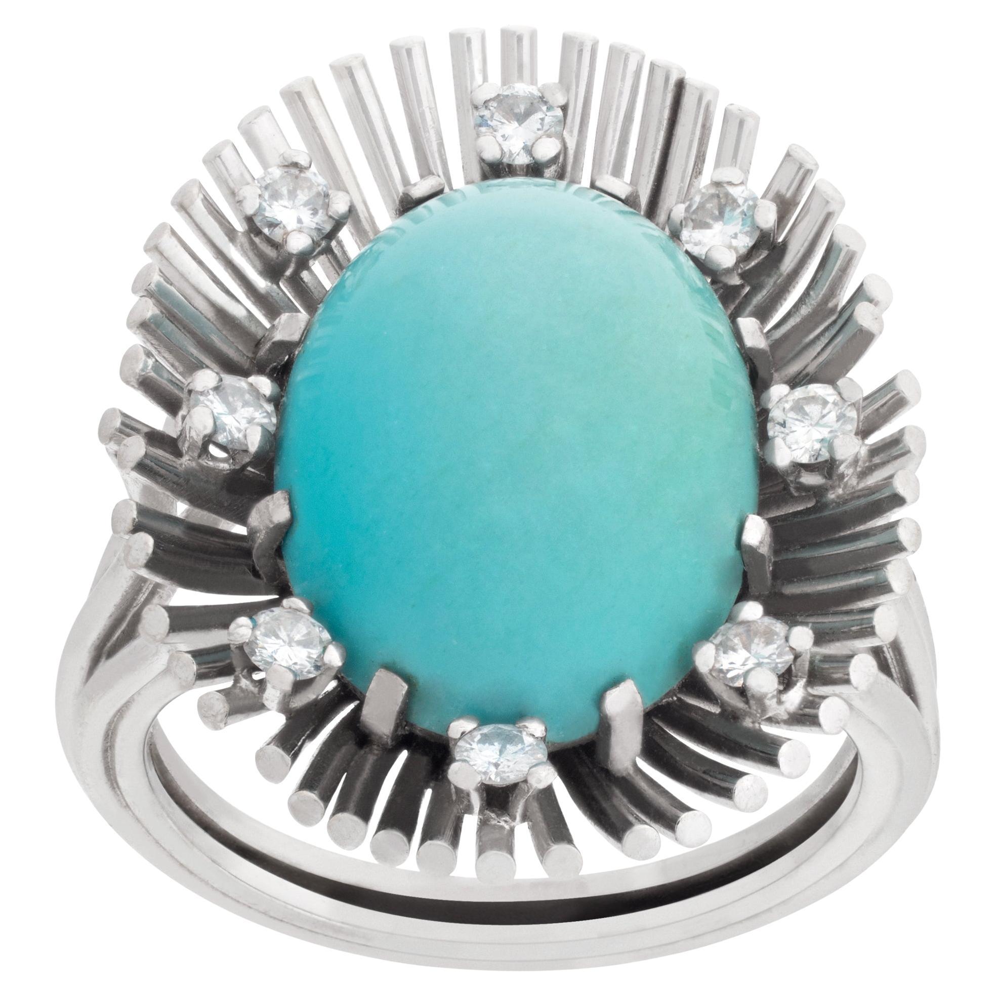 Ring with Center Turquoise and Accent Diamonds, 18k White Gold For Sale