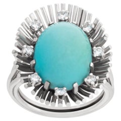 Vintage Ring with Center Turquoise and Accent Diamonds, 18k White Gold