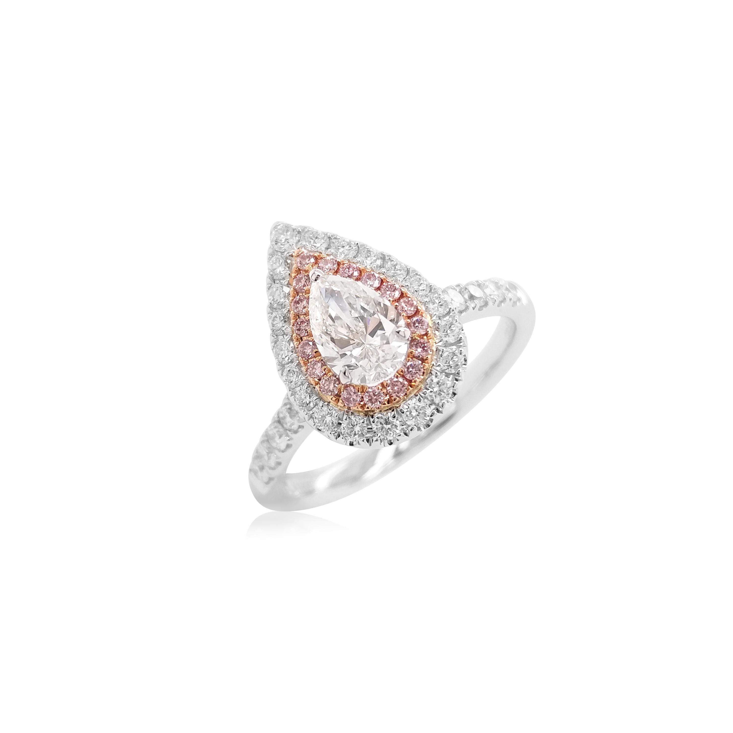 Contemporary CGL Certified Pear Cut 0.64ct White and Pink Diamond 18K Gold & Platinum Ring