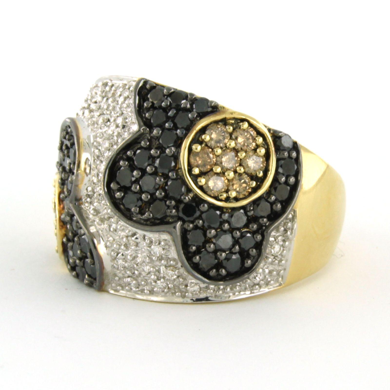 Modern Ring with champagne, white and black brilliant cut diamonds up to 2.30ct 18kgold For Sale