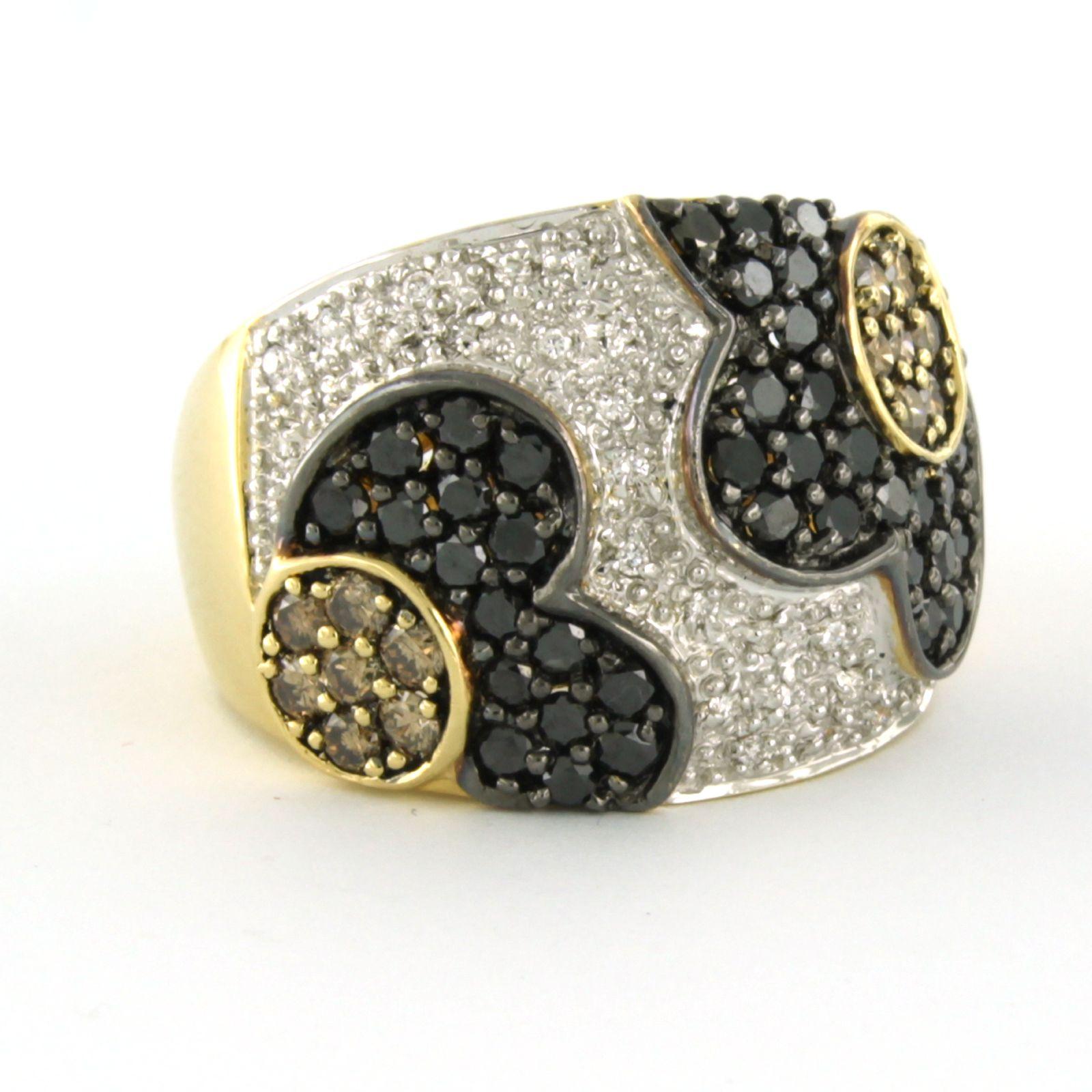 Brilliant Cut Ring with champagne, white and black brilliant cut diamonds up to 2.30ct 18kgold For Sale