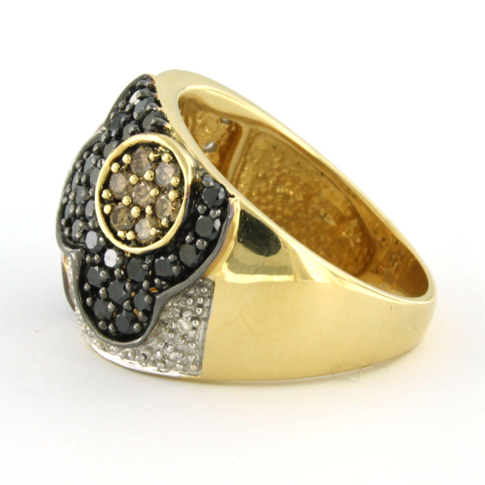 Women's Ring with champagne, white and black brilliant cut diamonds up to 2.30ct 18kgold For Sale