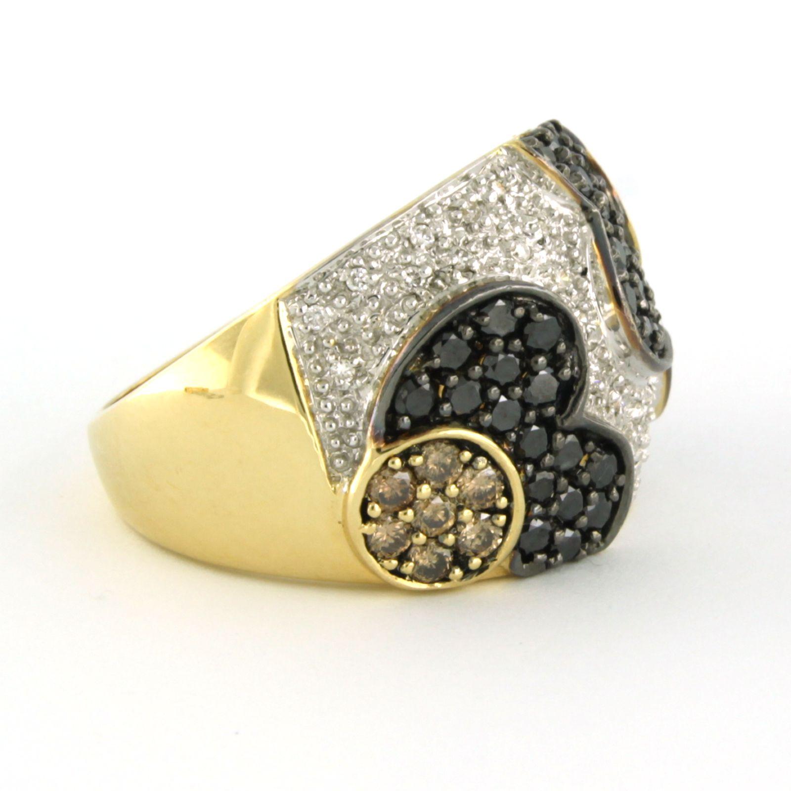 Ring with champagne, white and black brilliant cut diamonds up to 2.30ct 18kgold For Sale 1