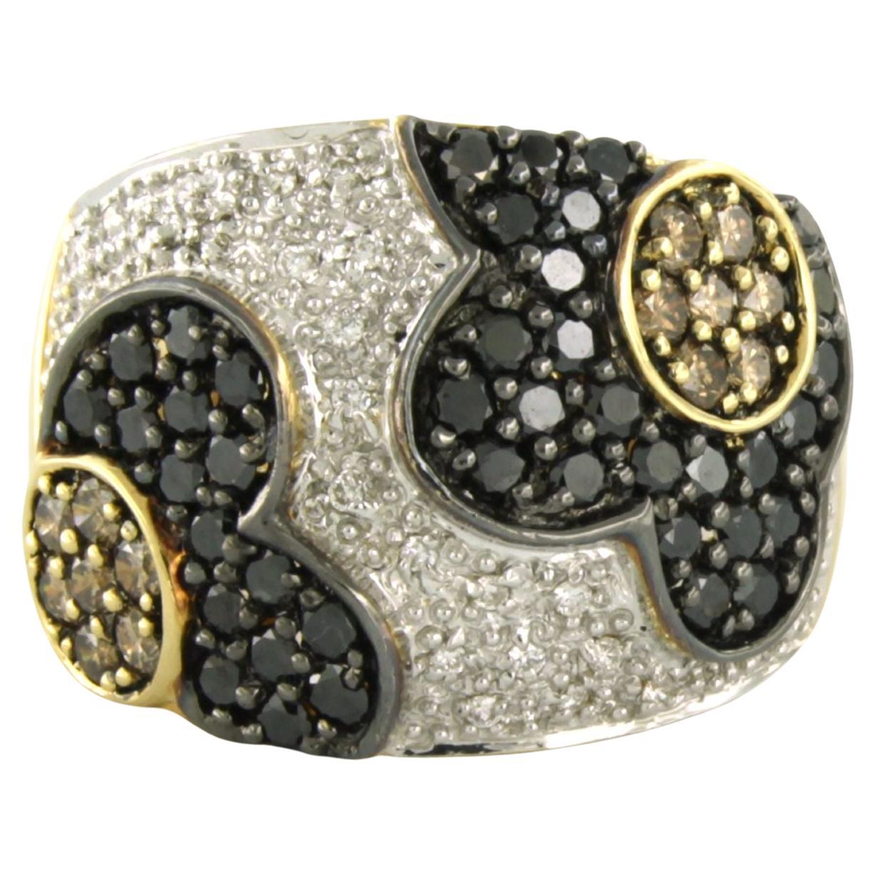 Ring with champagne, white and black brilliant cut diamonds up to 2.30ct 18kgold For Sale