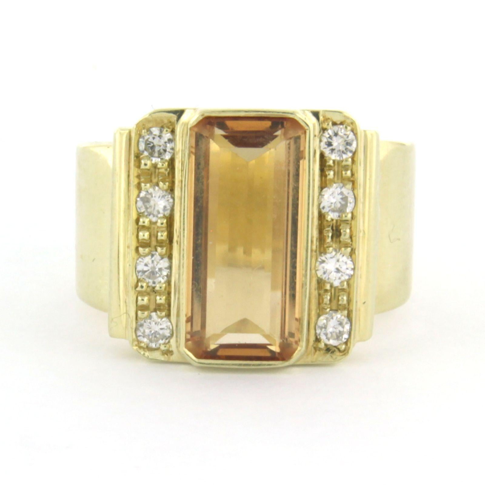 14k yellow gold ring with citrine and brilliant cut diamond. 0.25ct - F/G - VS/SI - ring size U.S. 6.5 - EU. 17(53)

detailed description:

the top of the ring is 1.4 cm wide by 4.0 mm high

Weight 7.9 grams

ring size US 6.5 - EU. 17(53), the ring
