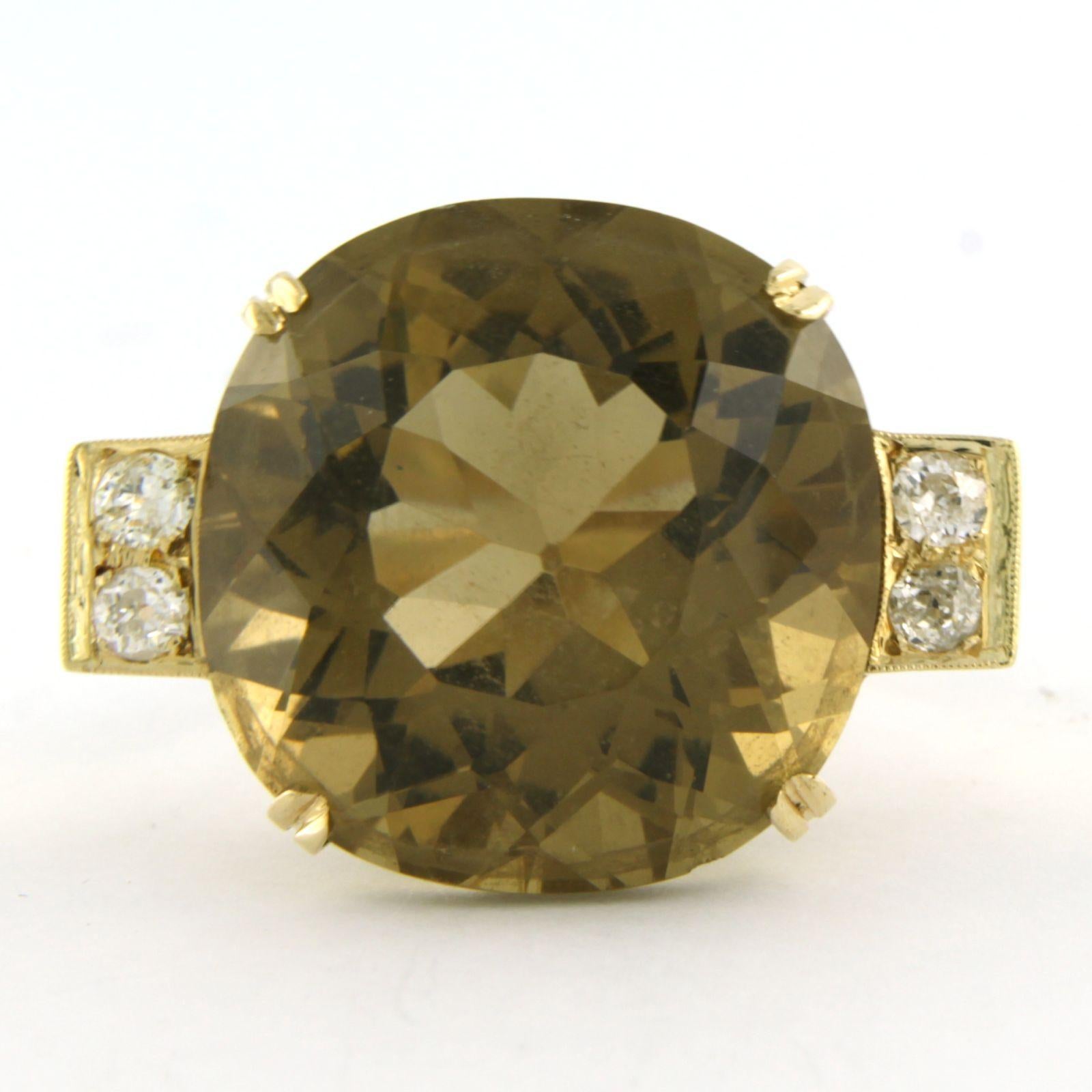 14k yellow gold ring set with citrine and old mine cut diamond. 0.50ct – G/H – SI – ring size U.S. 8 – EU. 18.25(57)

detailed description:

The top of the ring is 2.2 cm wide by 1.6 cm high

Ring size US 8 – EU. 18.25(57), ring can be enlarged or