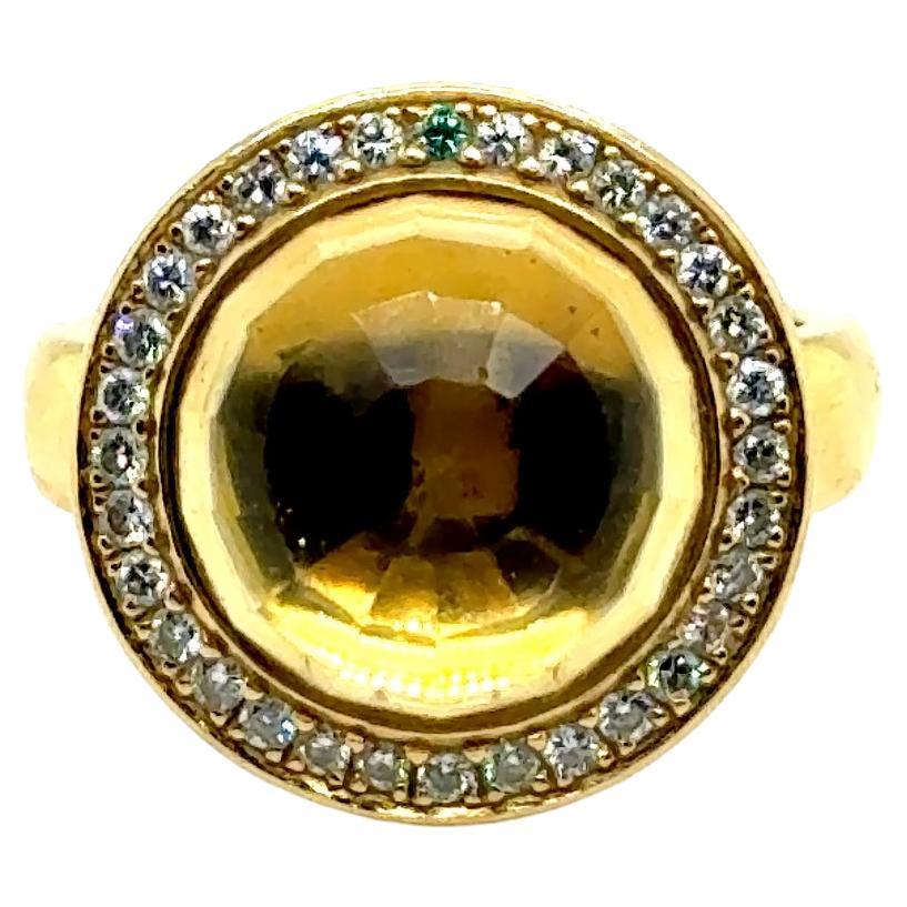 This exceptional ring, crafted by the esteemed Swiss house of Gübelin, exudes timeless sophistication. Set in 18-karat yellow gold, it highlights a stunning fantasy-cut citrine, delicately surrounded by 22 brilliant-cut diamonds totalling 0.15