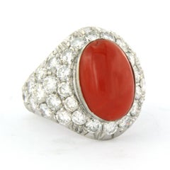 Ring with coral and brilliant cut diamonds up to 3.60ct 8.2 grams 14k white gold