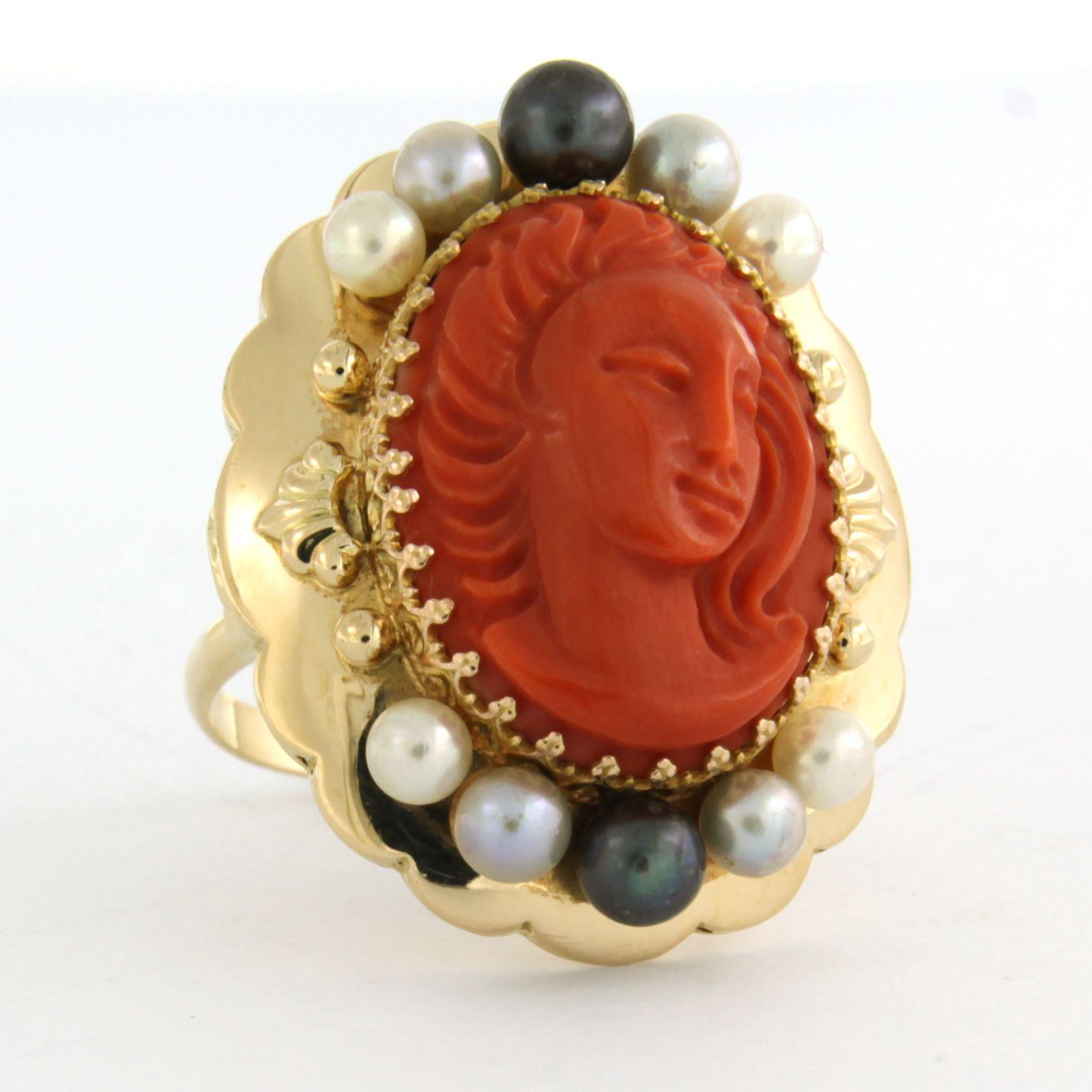 Ring mit Koralle und Perle 14k Gelbgold 12,5 Gramm im Angebot 1