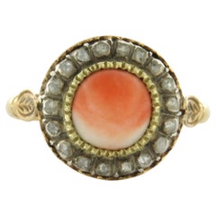 Ring mit Koralle und Diamanten im Rosenschliff bis zu 0,15ct 14k Gold und Silber