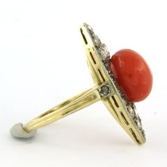 Ring with coral and rose cut diamonds up to 0.40ct 14k gold 5.9 grams