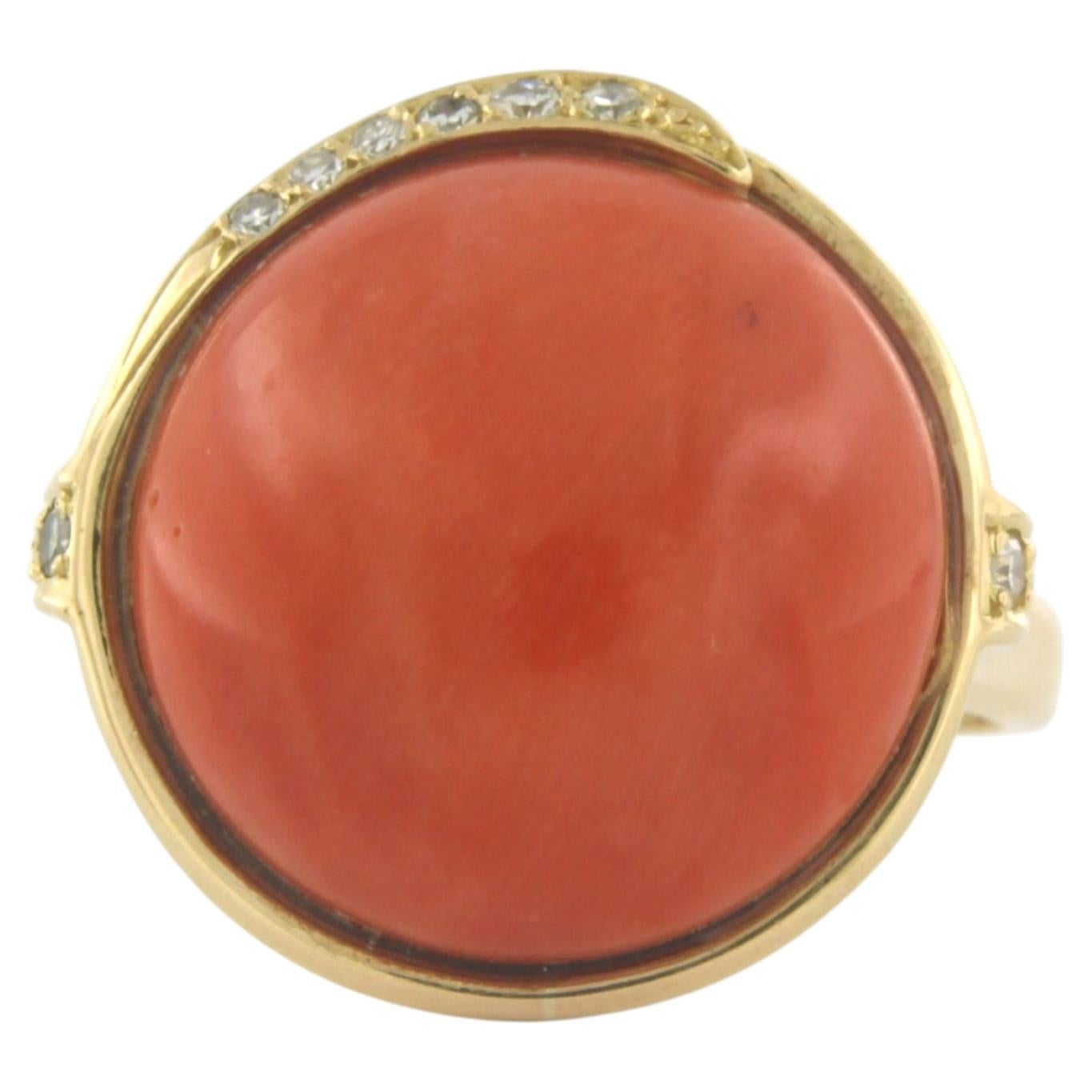 Ring with coral and single cut diamonds up to 0.10ct 12.9 grams 18k gold