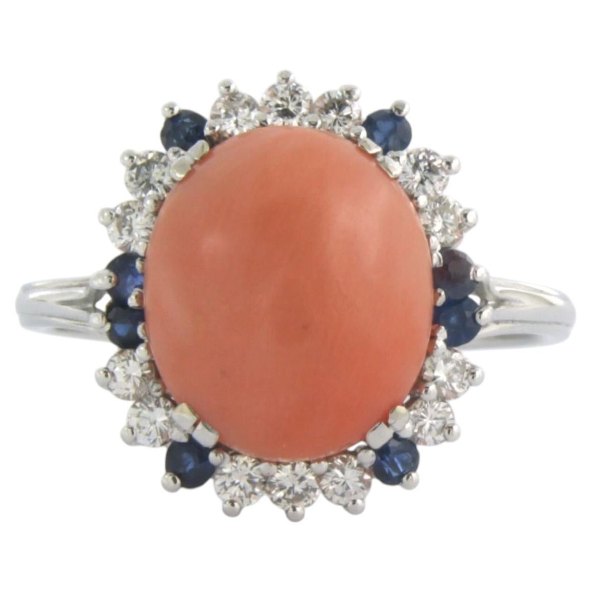 Ring with coral, sapphire and brilliant cut diamonds up to 0.40ct 18k gold For Sale