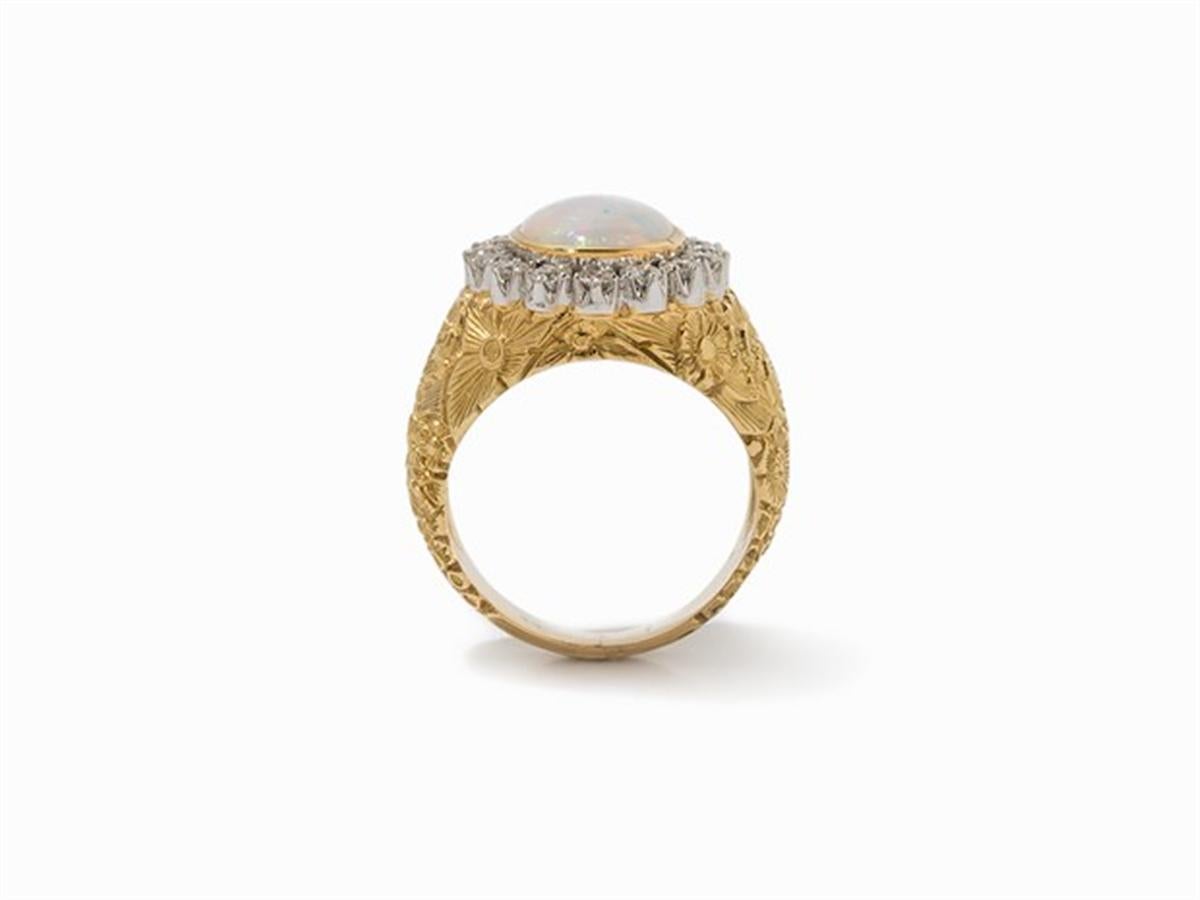 Baroque Ring with Crystal Opal Cabochon and Diamonds, 14 Karat Gold