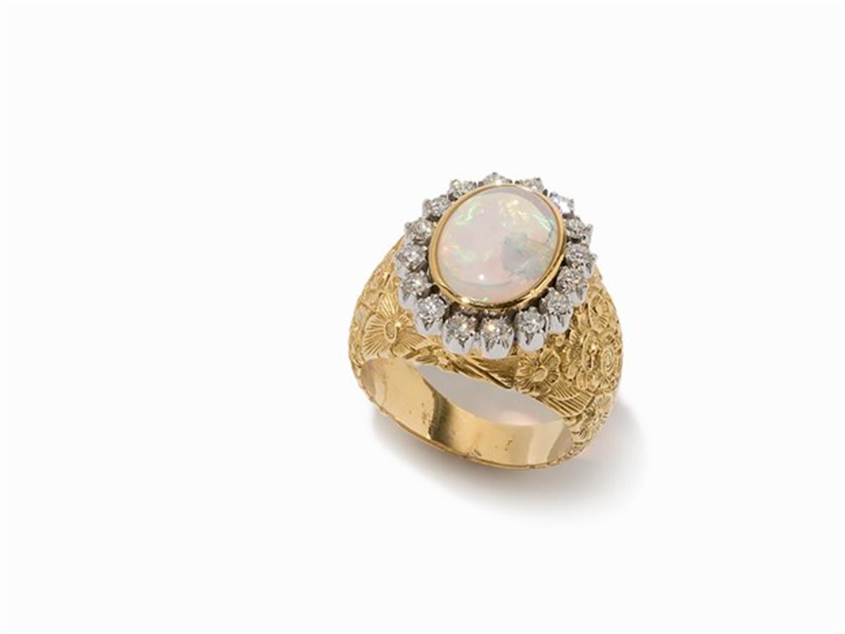Men's Ring with Crystal Opal Cabochon and Diamonds, 14 Karat Gold