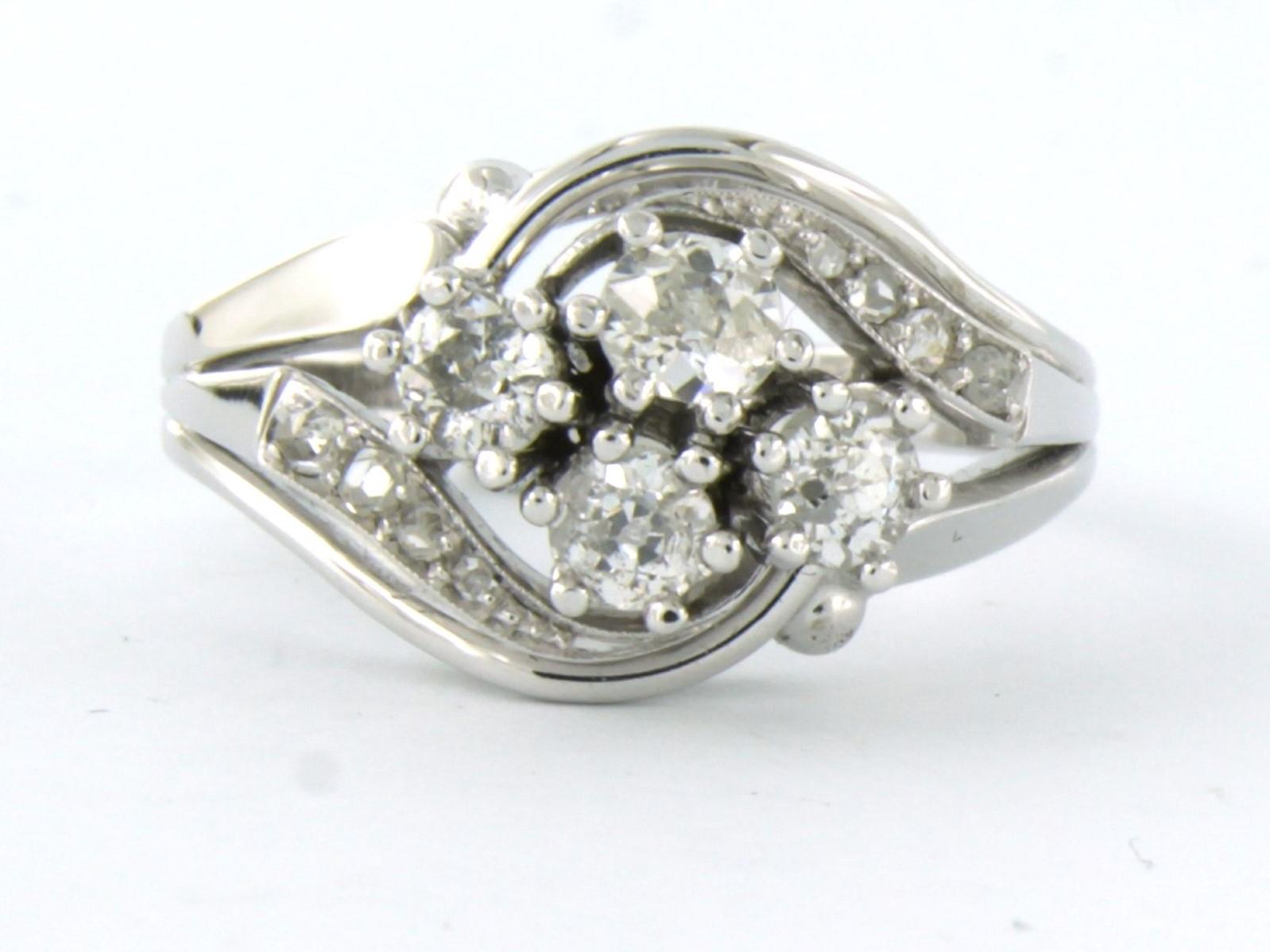14k white gold ring set with old mine cut diamonds and single cut diamonds, up to 1.00ct - F/G - VS/SI - ring size U.S. 7.5 - EU. 17.75(56)

detailed description:

the front of the ring is 1.2 cm wide and 7.3 mm high

weight: 6.2 grams

ring size