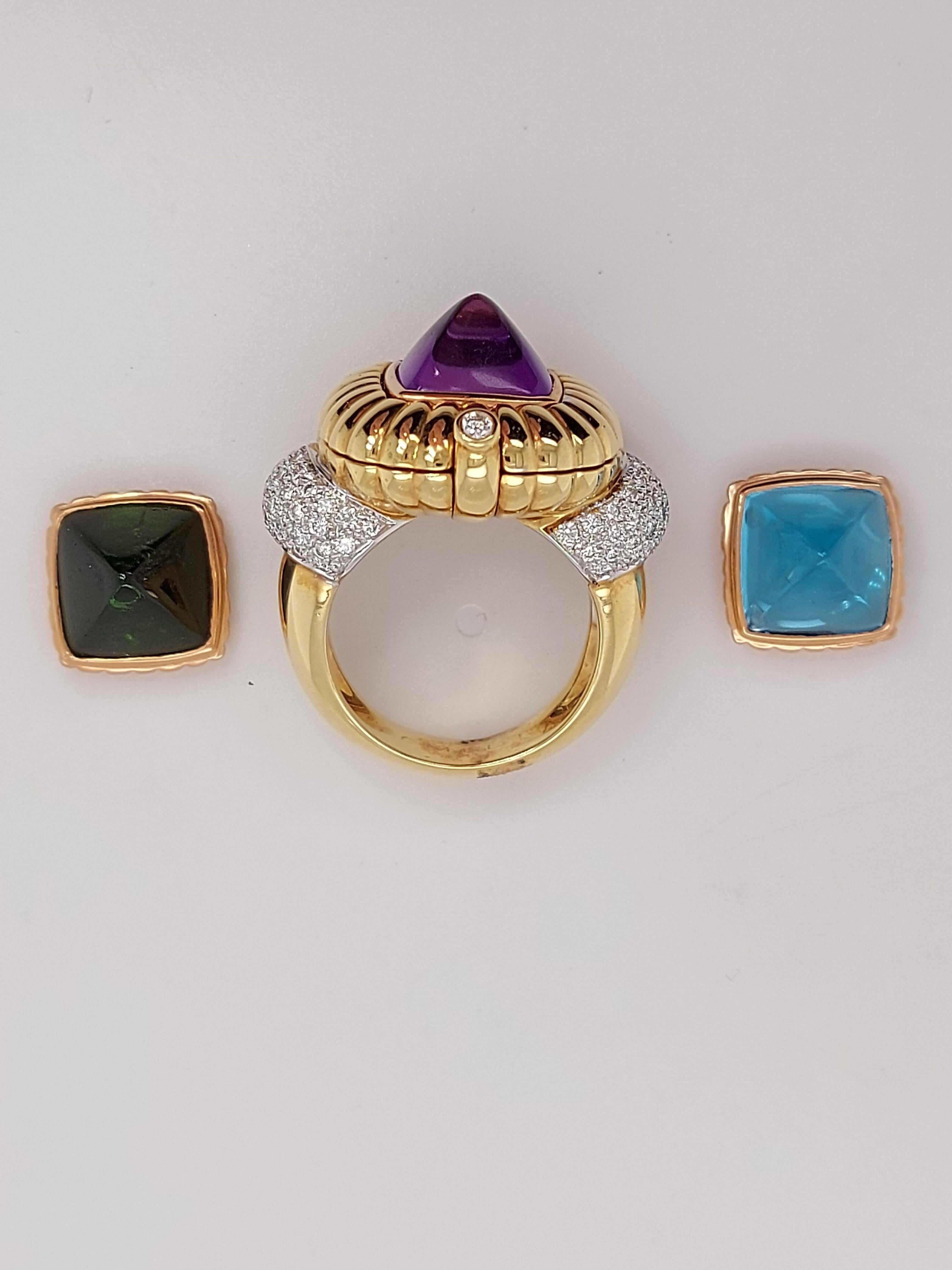 Ring with Diamonds and 3 Interchangeable Pieces Topaz, Tourmaline Precious Stone For Sale 3