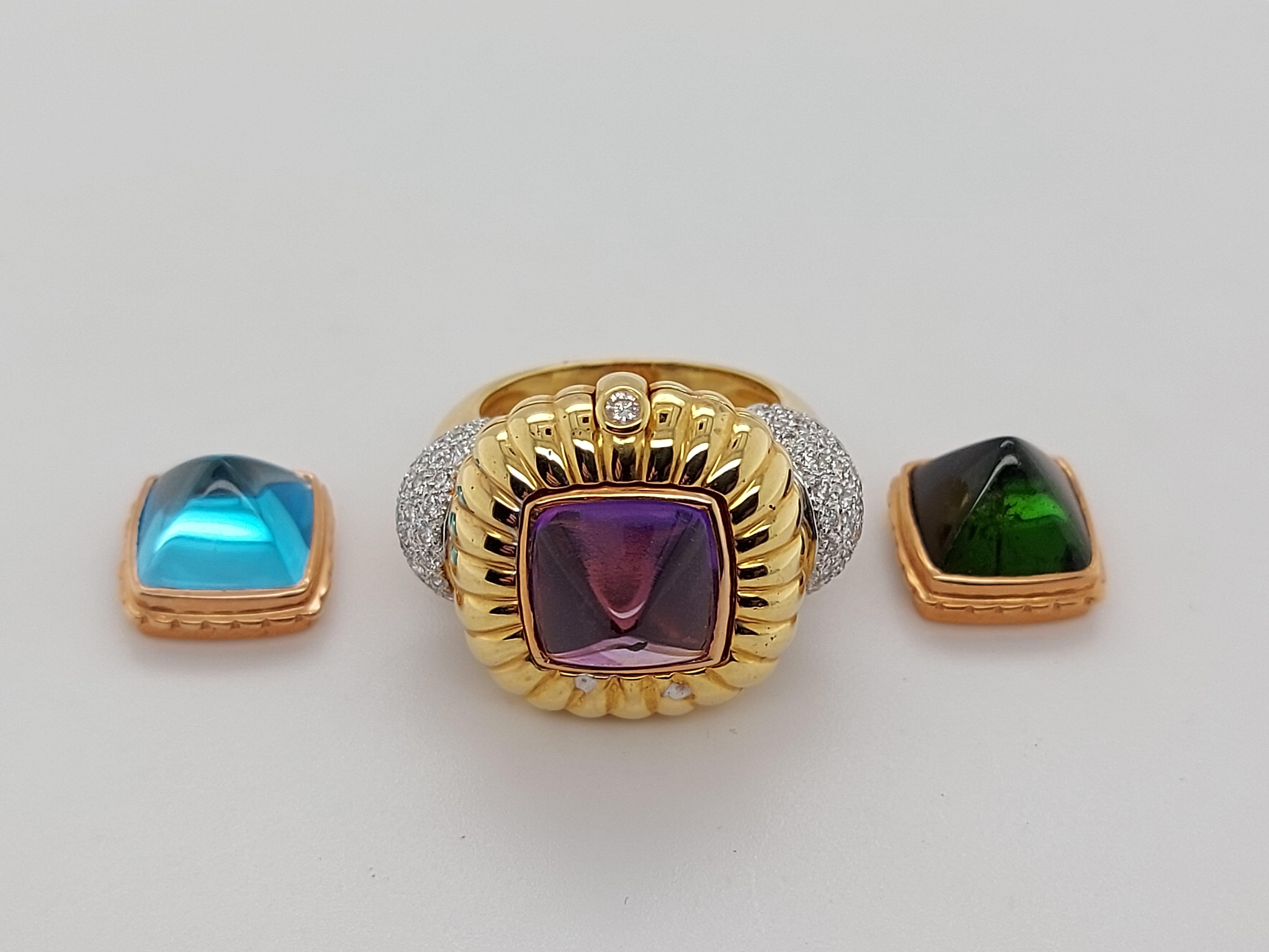 Ring with Diamonds and 3 Interchangeable Pieces Topaz, Tourmaline Precious Stone For Sale 4