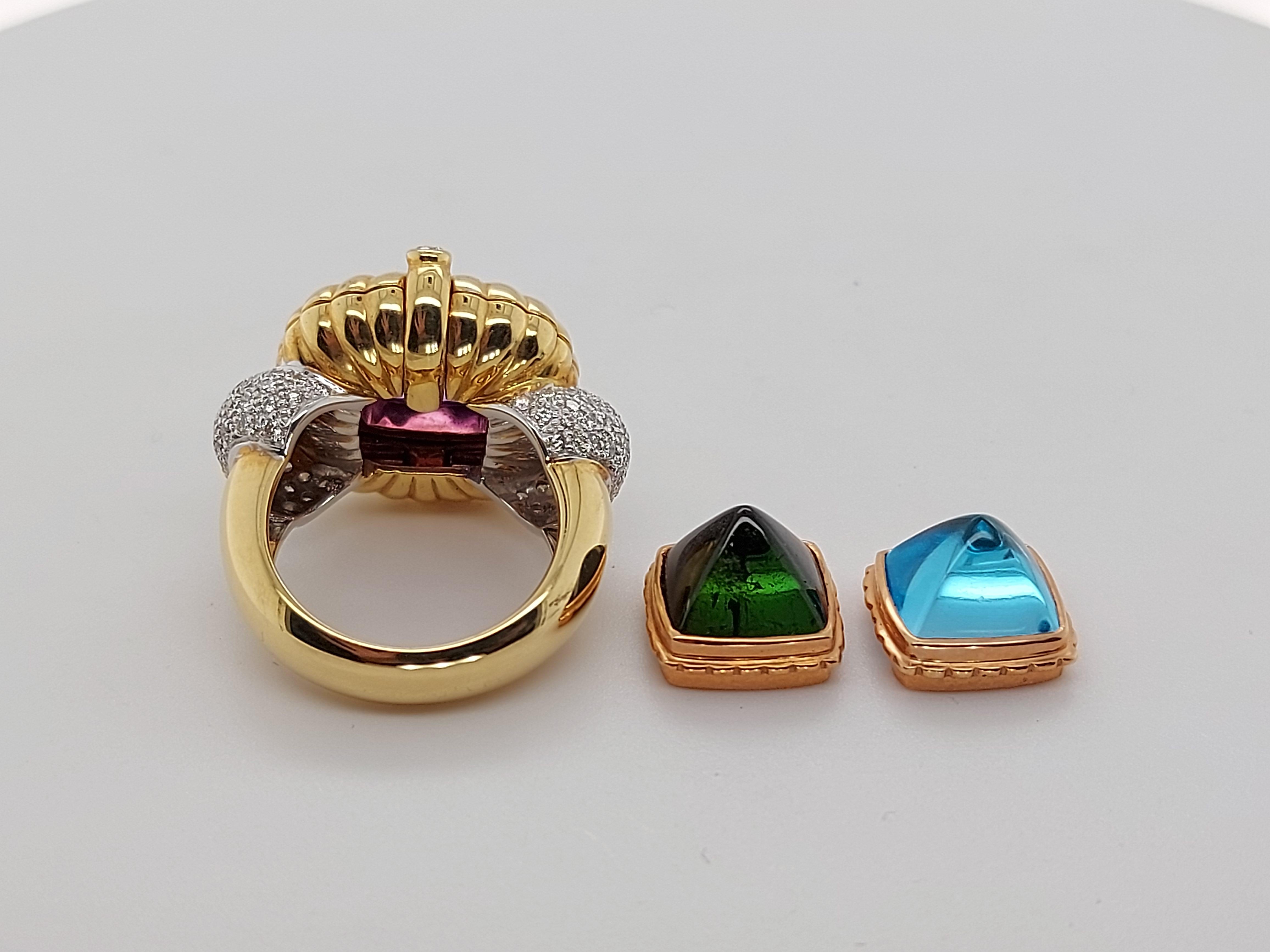 Ring with Diamonds and 3 Interchangeable Pieces Topaz, Tourmaline Precious Stone For Sale 5