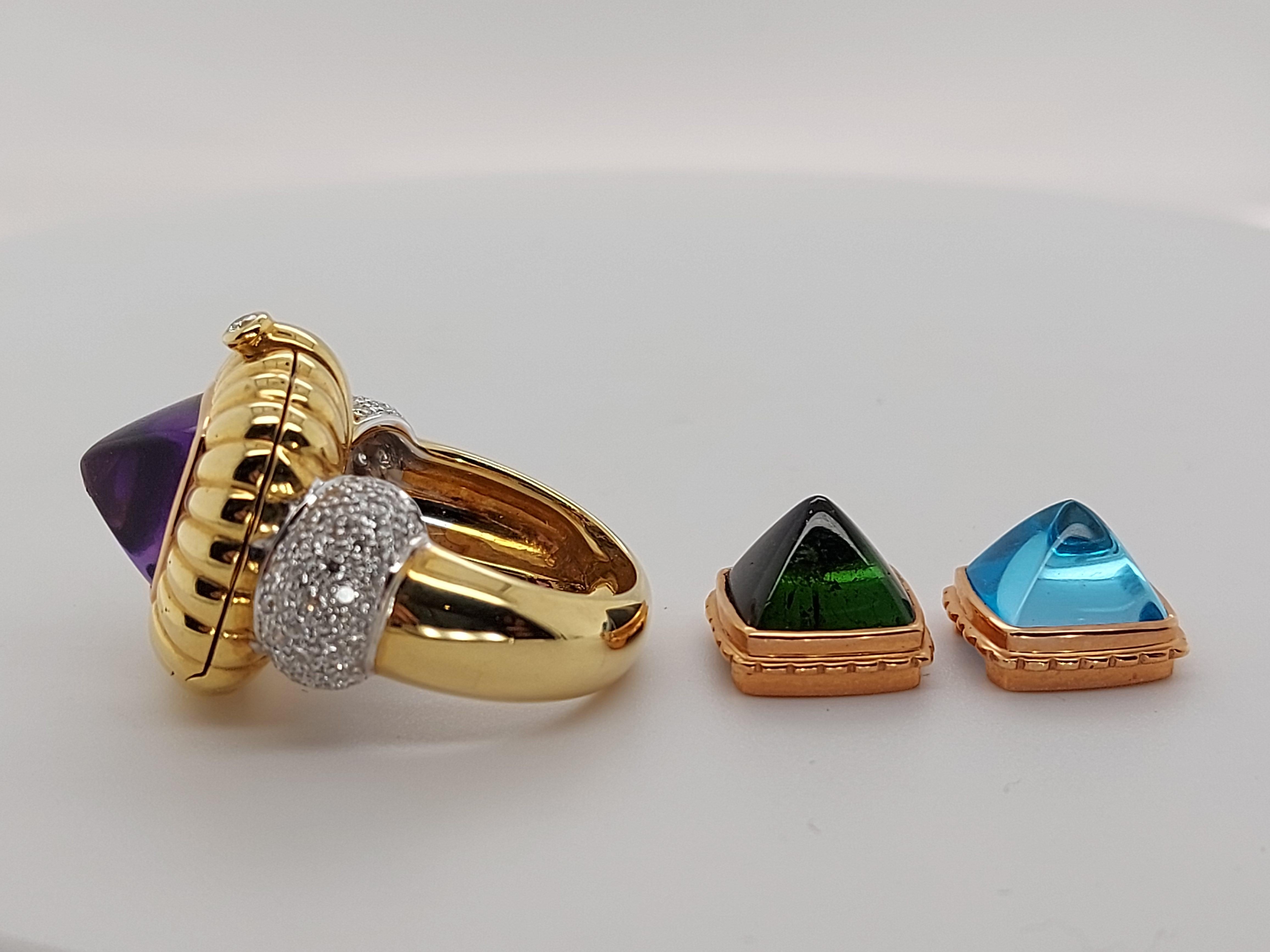 Ring with Diamonds and 3 Interchangeable Pieces Topaz, Tourmaline Precious Stone For Sale 6