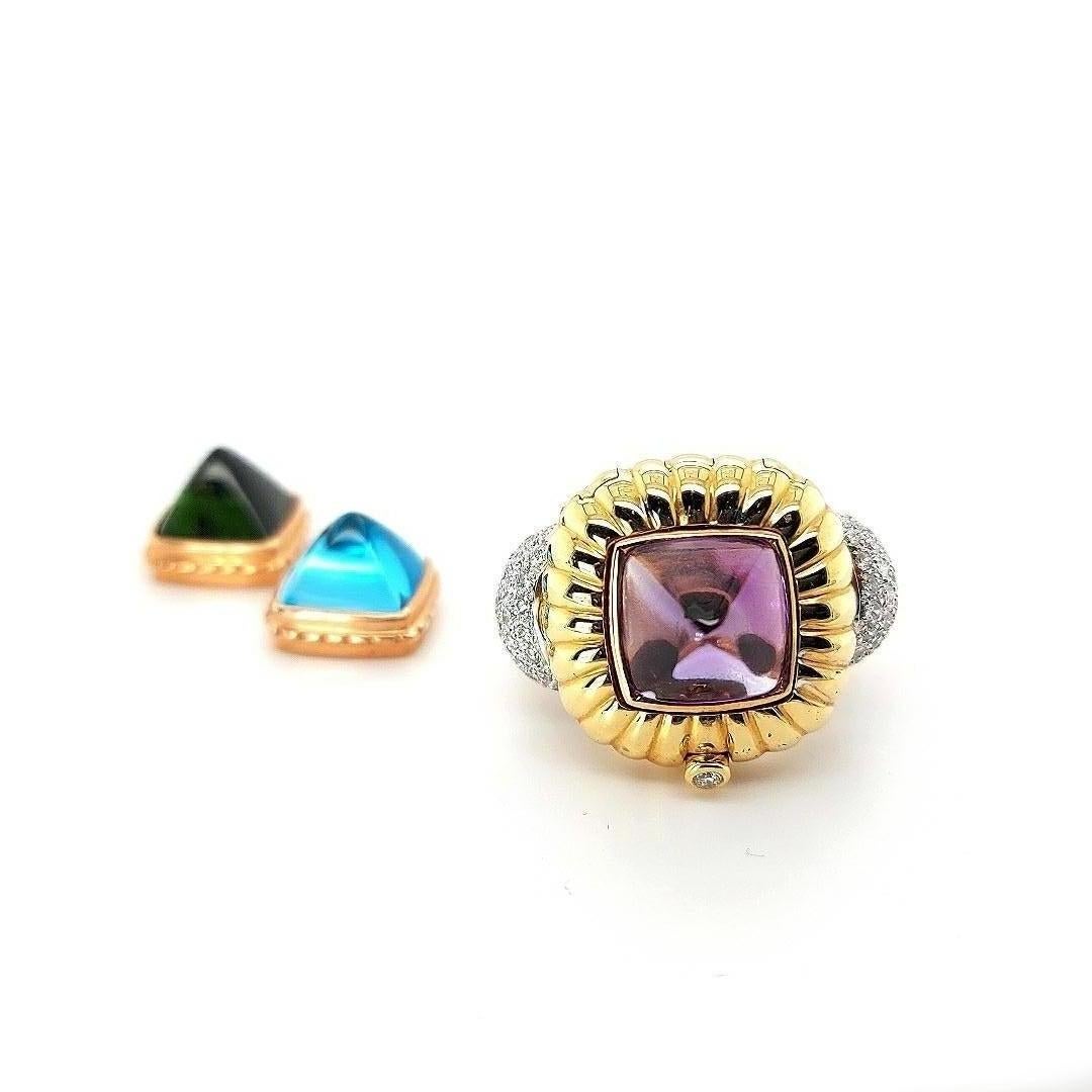 Artist Ring with Diamonds and 3 Interchangeable Pieces Topaz, Tourmaline Precious Stone For Sale
