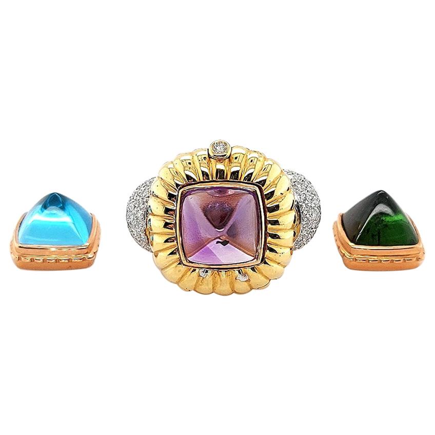 Ring with Diamonds and 3 Interchangeable Pieces Topaz, Tourmaline Precious Stone For Sale