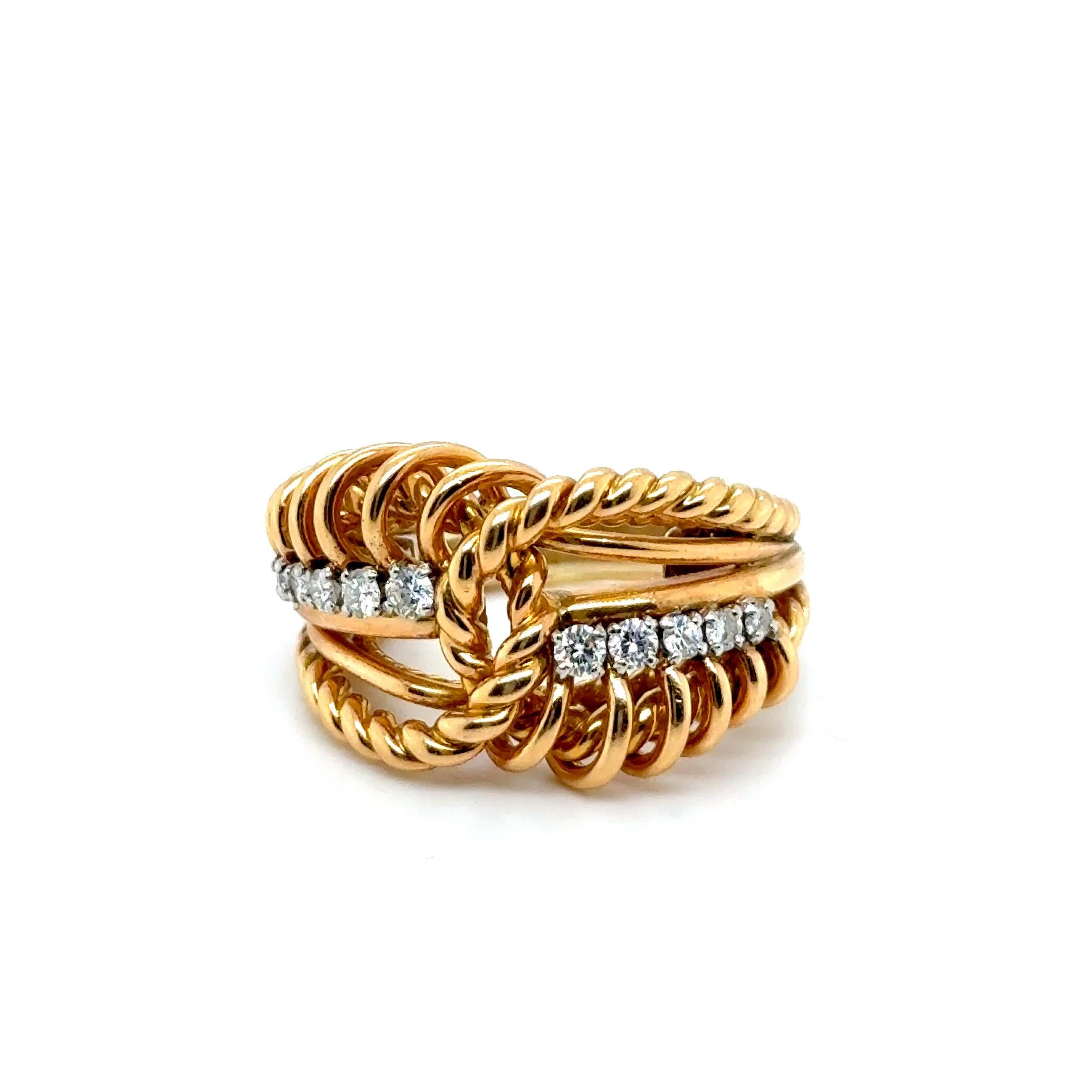 Ring with Diamonds in 18 Karat Red Gold by Gübelin 
This exquisite Gübelin ring, crafted from 18 Karat red gold and adorned with brilliant diamonds, showcases exceptional design and craftsmanship. 

Interwoven gold bands create a mesmerizing look,