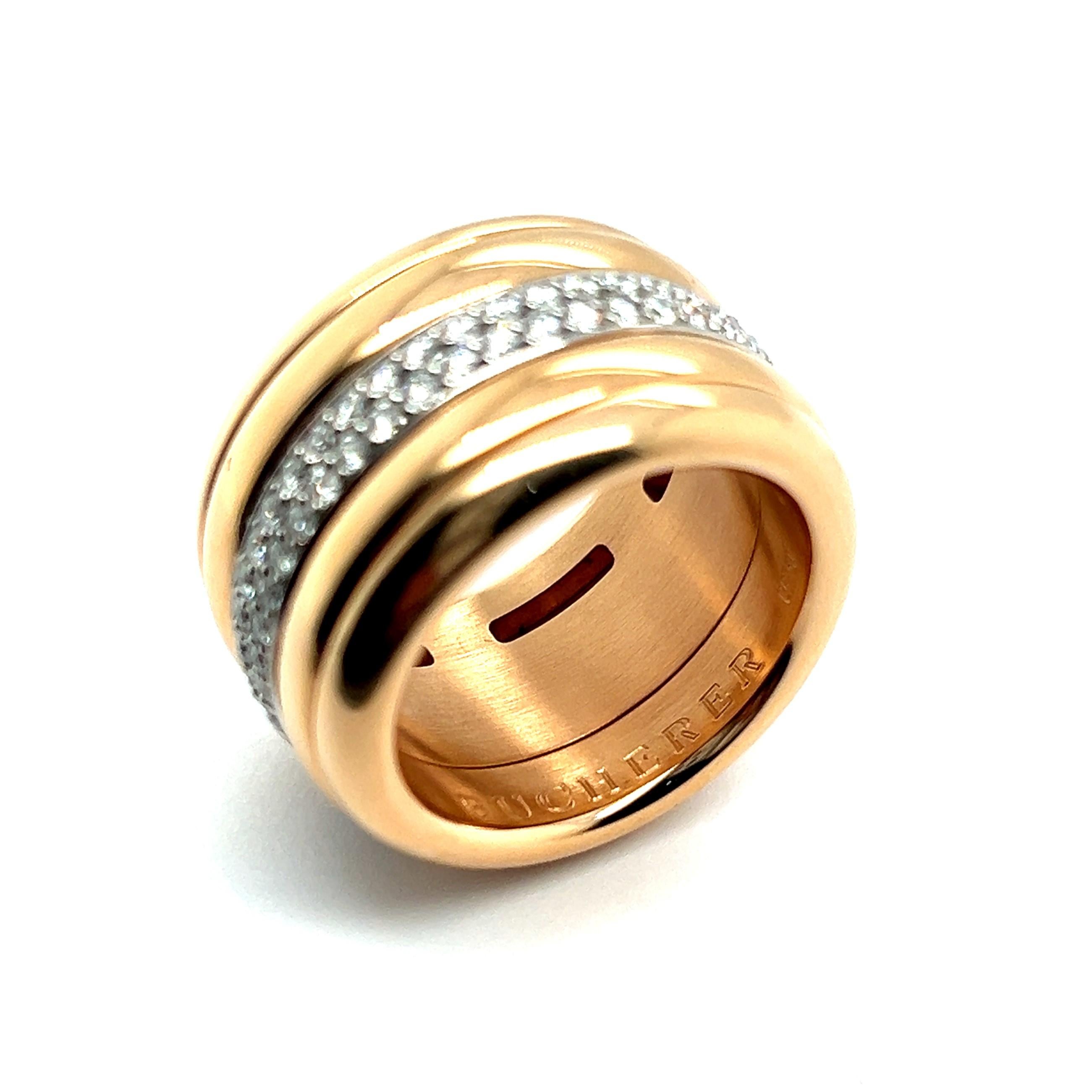 Dieser Ring von Bucherer ist aus exquisitem 18-karätigem Rot- und Weißgold gefertigt und zeichnet sich durch sein skurriles Design aus. Dieser 
